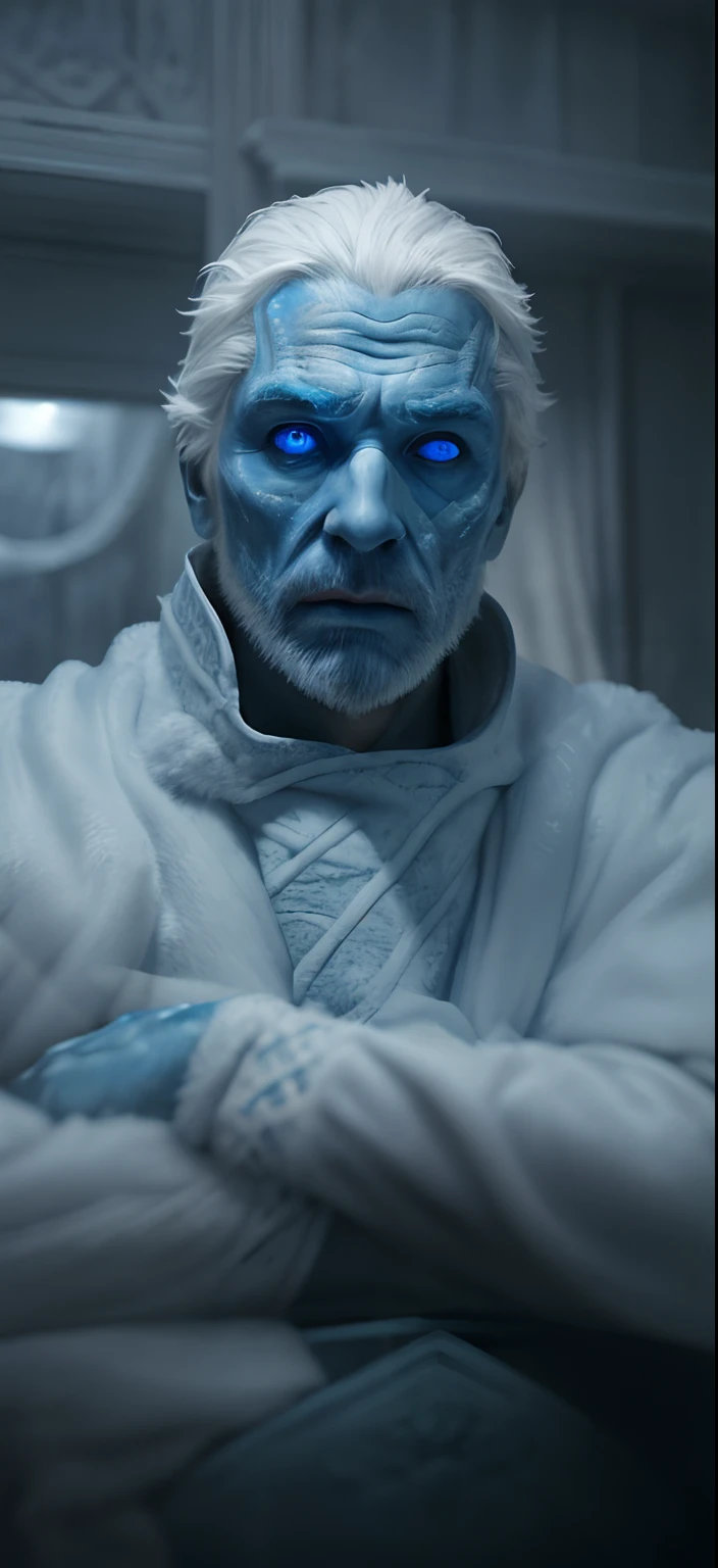 (hight resolution, Best Quality, Ultra-detailed), A man in a White Walker costume from Game of Thrones, Icy blue eyes and white skin, Loose gray hair, Icy patterns on his face, Detailed fur cape with intricate ice embroidery, Standing in a snowy forest, Ominous dark stormy sky, Crystal Sword in Hand, menacing expression on his face, cold breath, Visible in the air, Delicate blue tones, dominating the color palette, spectacular lighting, Casting terrible shadows,vAttention to the fine details of texture and fabric, A haunting and atmospheric image, Depiction of fantasy and darkness of the character's world.