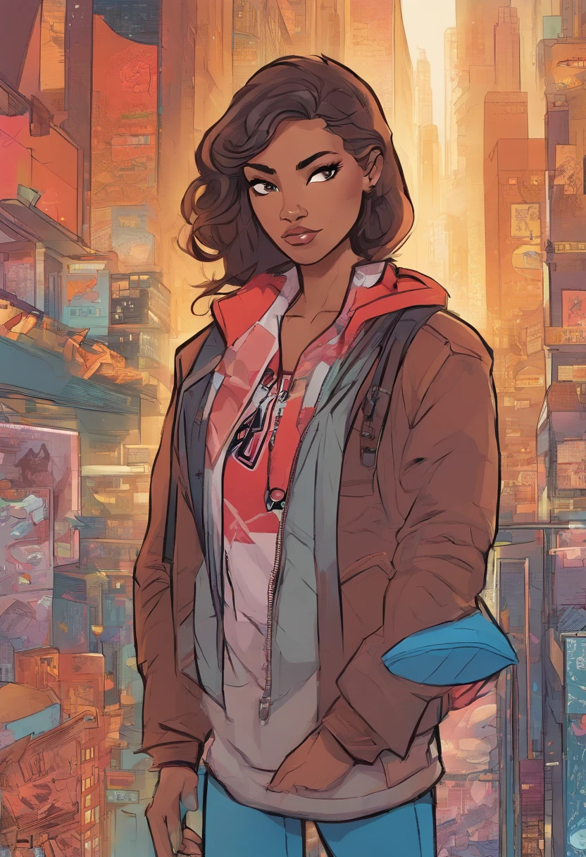 Spiderverse characters, a [women] with [brown] hair, [long] hair, [brown] eyes, [ice] power, in the [New-York], pale, [] yeSpiderverse comic