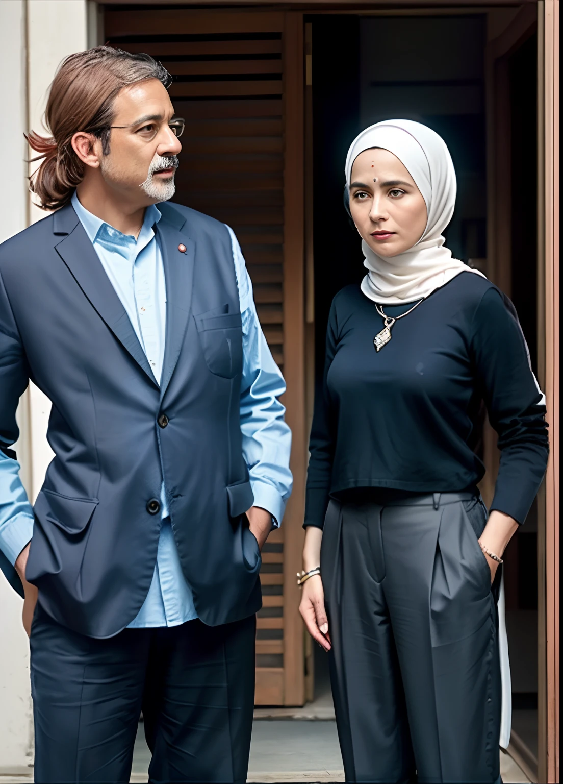 there is a man and woman walking down the street together, hijab, aykut aydogdu, emir, realistic art, looks like ebru şahin, fallout style istanbul, wearing leather coat, serena malyon, enes dirig, wearing black leather trenchcoat, internet meme, skintight jet black leahter coat, muslim, ((oversaturated))