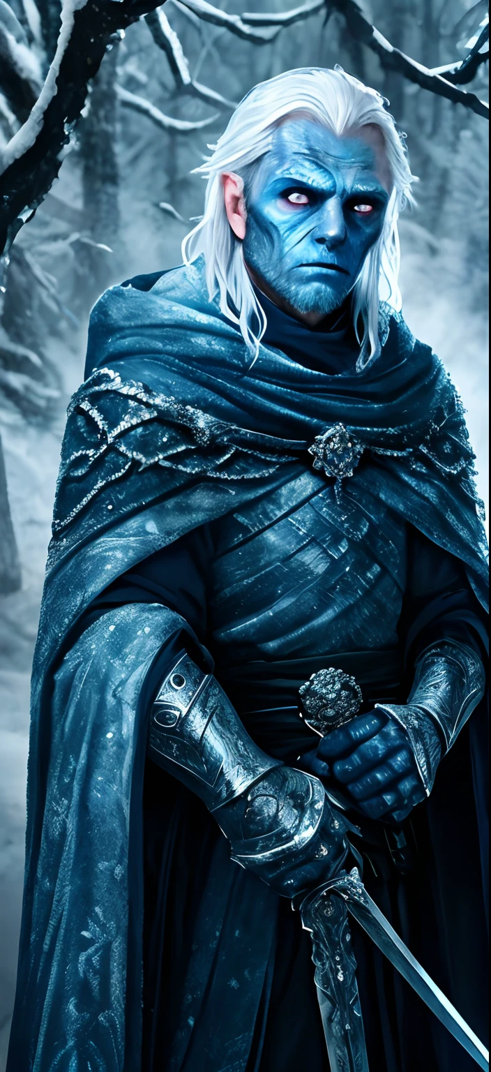 (highres, best quality, ultra-detailed), A men dressed as the White Walker from Game of Thrones, icy blue eyes and white skin, flowing white hair, ice patterns on his face, detailed fur cloak with intricate ice-like embroidery, standing in a snowy forest, ominous dark stormy sky, crystal-like sword in hand, menacing expression, cold breath visible in the air, subtle blue tones dominating the color palette, dramatic lighting casting eerie shadows,vattention to fine texture and fabric details, haunting and atmospheric portrayal, depicting the fantasy and darkness of the character's world.