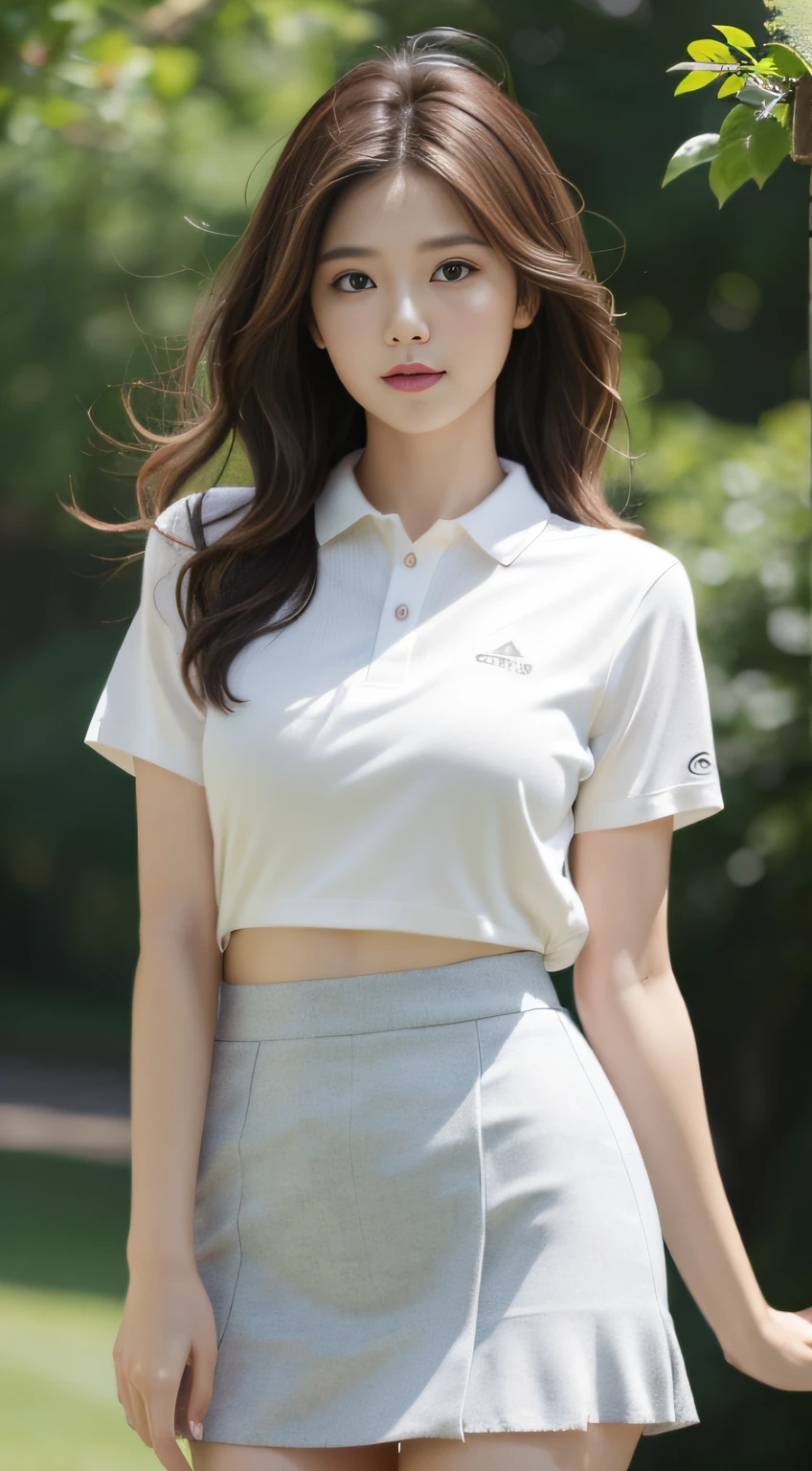 1girll, 独奏, White polo shirt, White sneakers, tennis wear, white mini-skirt, tmasterpiece, Best quality at best, realisticlying, ultra - detailed, (shiny skins, perspired:1.4), looking at viewert, with short black hair, with brown eye,slenderness,Dynamic light and shadow,A high resolution,Sharp focus,depth of fields,The eyes are delicate,Sharp pupils,pupil realistic,smallunderboob,(Thigh thick:1.0),exteriors,Skysky