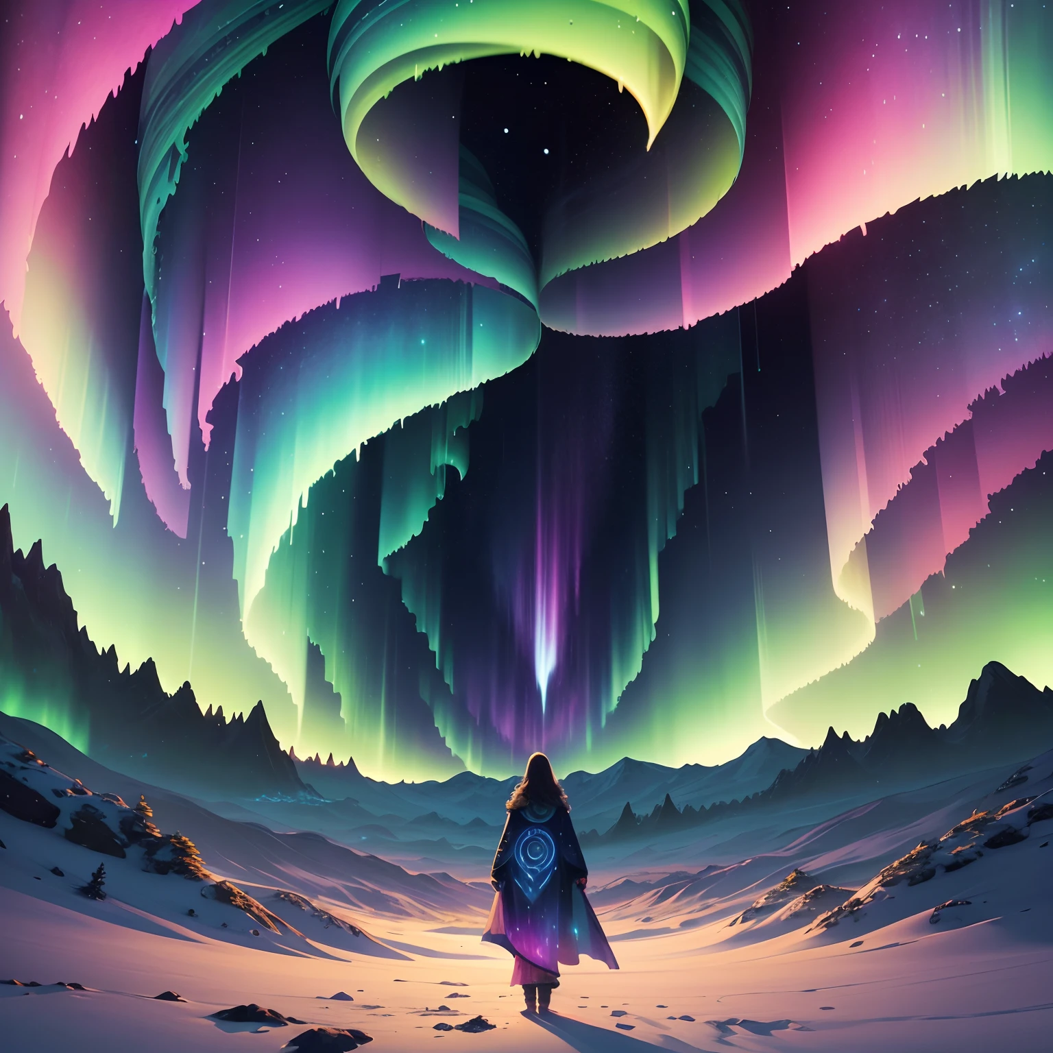 tmasterpiece, 4K, Hyper-Resolution, Optimal image resolution, Amazing illustrations depicting the Northern Lights of the human body, Express your thoughts, Emotions and dreams in surreal and magical landscapes. Use bright colors and meaningful symbols to reflect the complexity of the human mind.