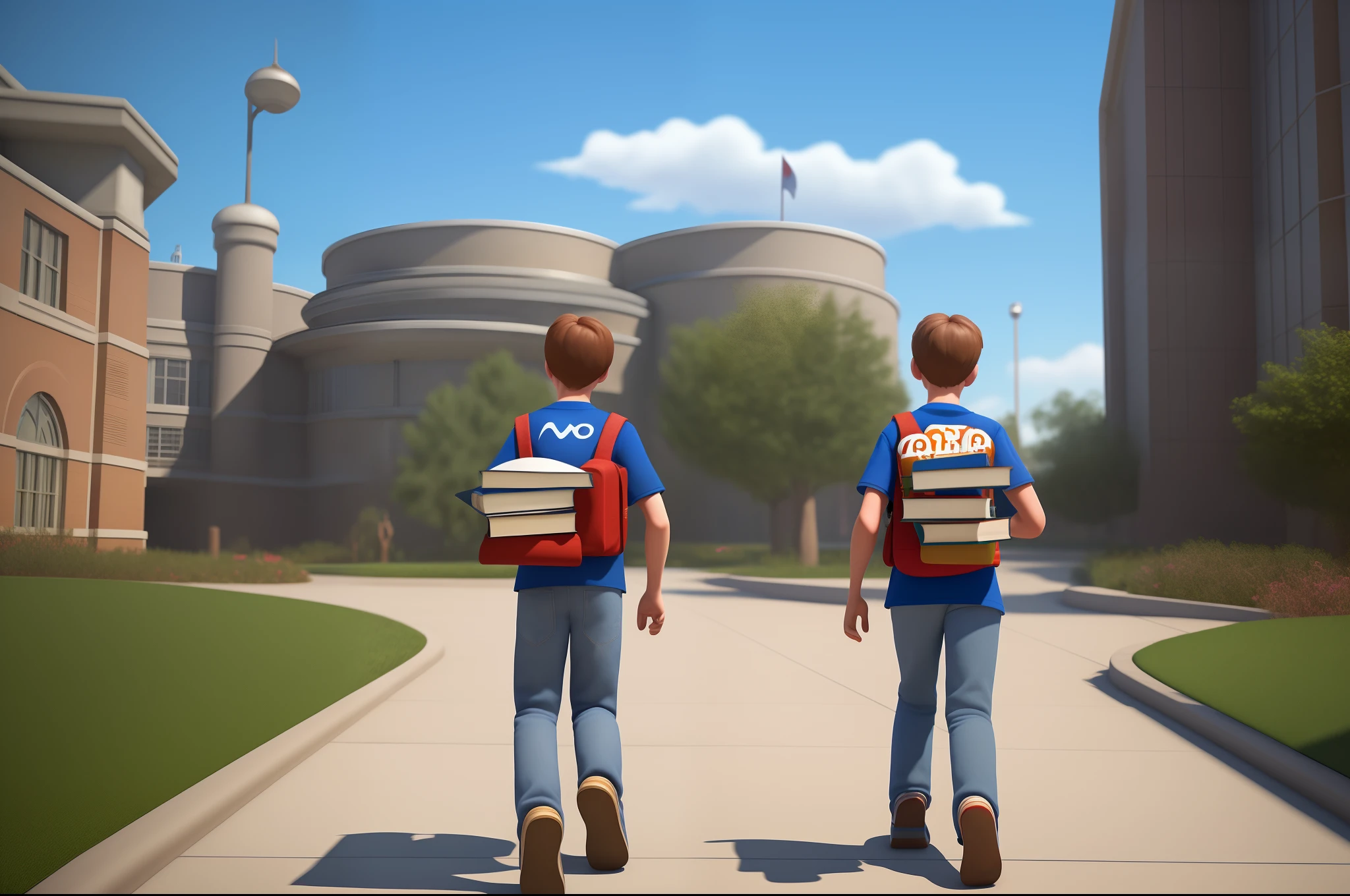 Disney Pixar Graphics, Render 3d, School background, teenager carrying a book, Photographed at a distance of 4 meters with his back to him
