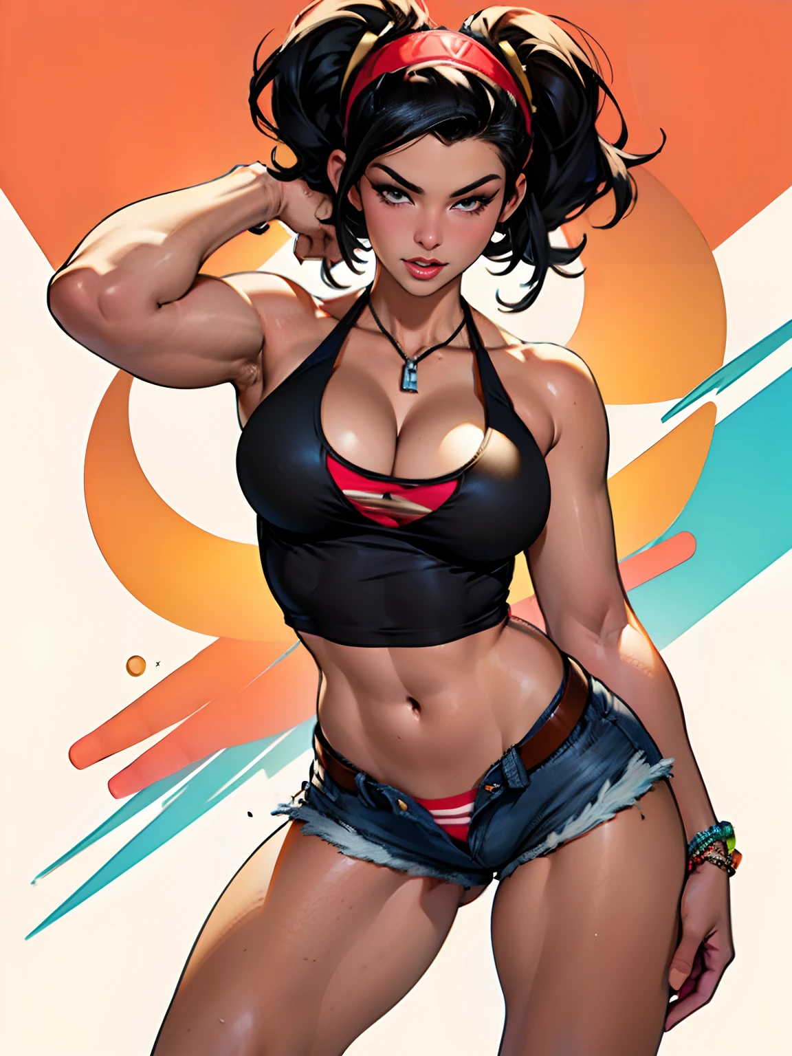 (high quality, best rendering), (beautiful girl), black hair(bombshell, pin-up style), psychopath, crazy face, sexy pose, jean short shorts, tank top, pastel, centered, scale to fit dimensions, micro thong, micro bikini, camel toe