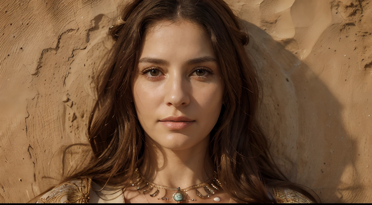 (best quality,4k,highres,masterpiece:1.2),ultra-detailed,(realistic:1.37),(portrait:1.1),(biblical:0.9),(hebrew:1.1),(45 years old:1.1),(woman:1.1),detailed eyes,detailed lips,long hair,jewelry,traditional clothing,soft lighting,warm color tone,peaceful expression,sand desert background