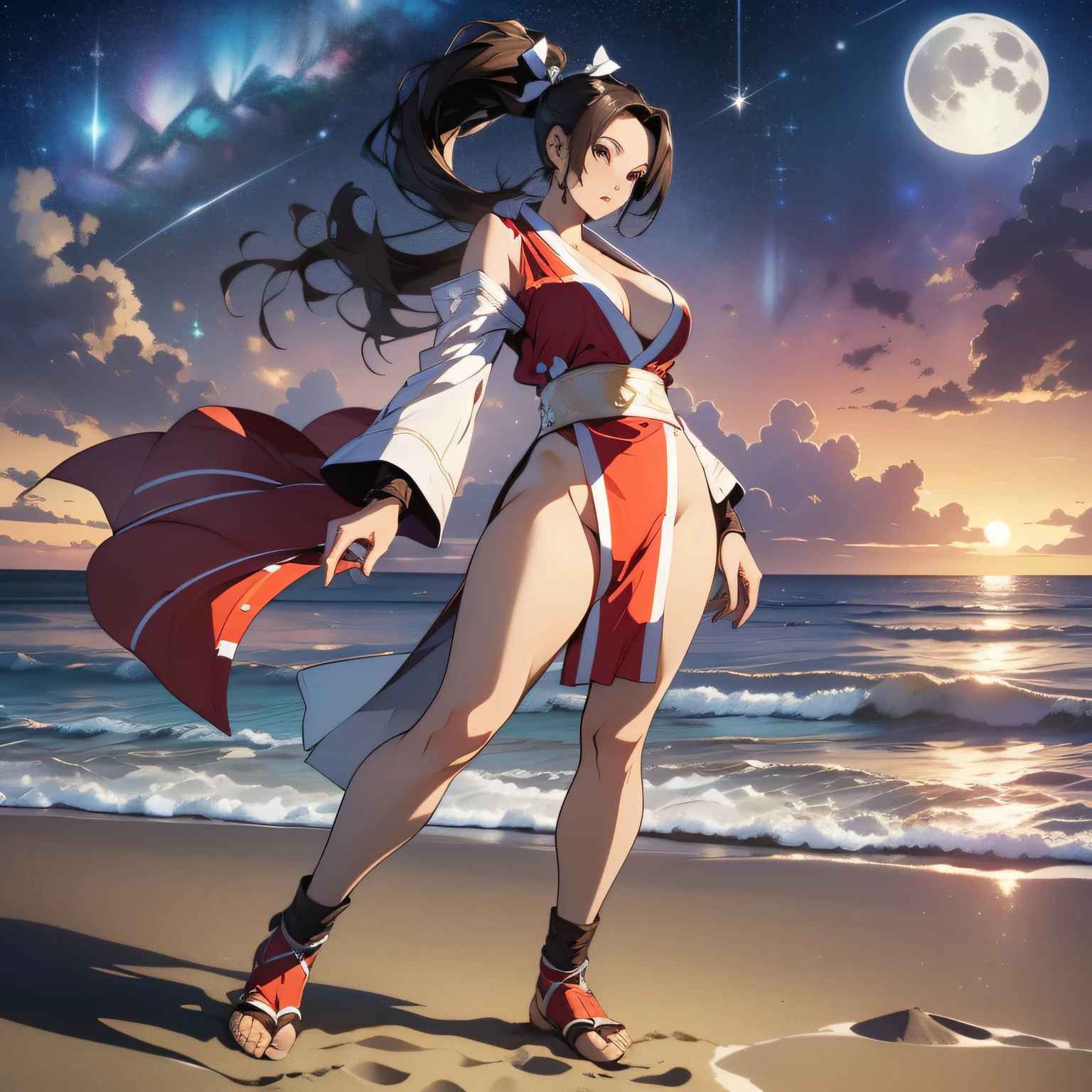((((masterpiece, superior quality))), best quality, official art, beauty and aesthetics: 1.2), (1 handle: 1.3), (fractal art: 1.3) (good lighting: 1.1), ((a high resolution), with brown eyes, long whitish hair, brown hair, white ribbon, sleeves, ponytails, Obi belt, pelvic drape, cloths, ((Mai Shiranui)), cleavage, barefoot, standing. ((( full body photo))), muscular legs, (((on the beach at night with starry sky and full moon very detailed and sharp))), 8k, hdr, strong colors, clear image, realistic image