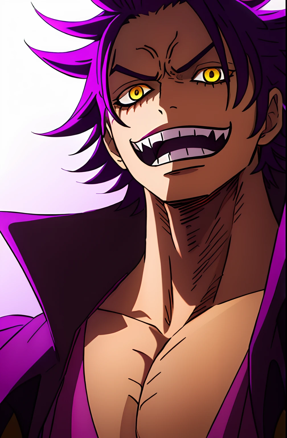 1boy, wanostyle,beastly, solo, upper body, ((masterpiece)), (best quality), (extremely detailed), depth of field, sketch, dark intense shadows, sharp focus, soft lighting, hdr, slightly colorful, good composition, wanostyle ,Purple Spikey Hairs , Laugh , Yellow eyes , Has a little scar under the eye , Dark Pancho/Coat on the shoulders , Godly Aura around , Pirate Colorful shirts in pancho Blood Moon background , Eclipse , one piece , one piece manga