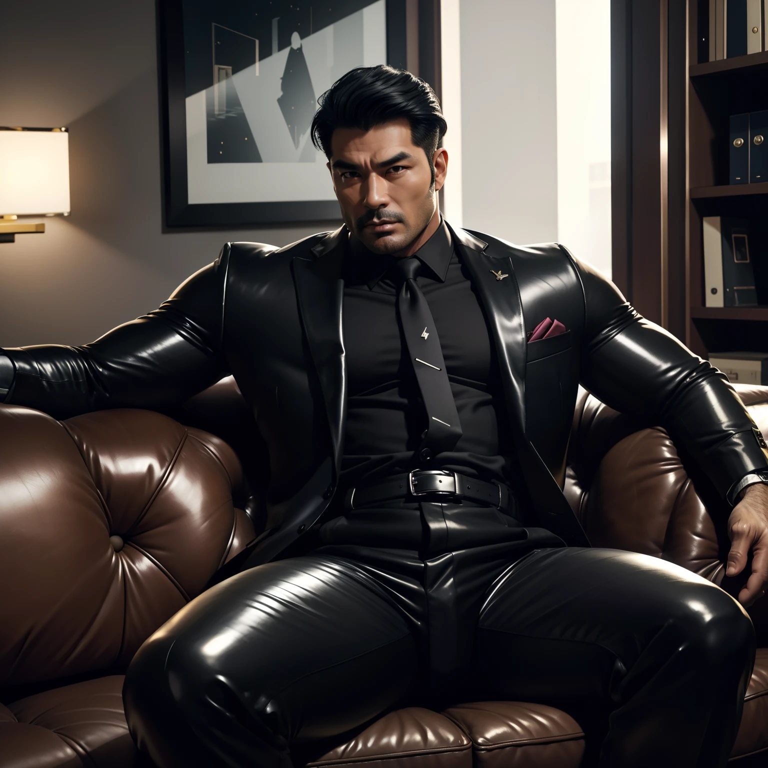 30 years old,daddy,"shiny suit ",Dad sat on sofa,k hd,in the office,"big muscle", gay ,black hair,asia face,masculine,strong man,the boss is,handsome,,leather gloves,lecherous dad,look straight ahead,dad is handsome,dad is handsome ,dad is "horny dad"