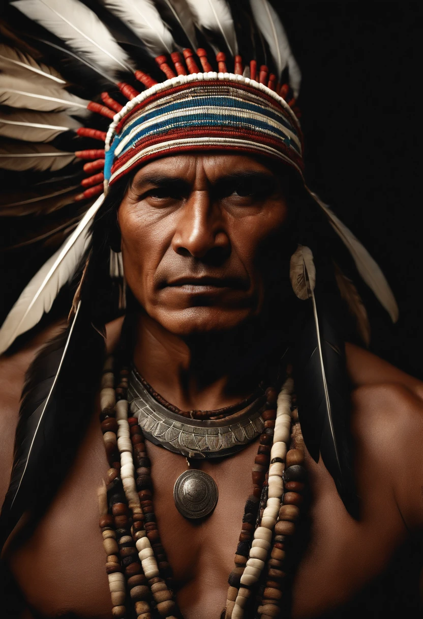 Hyper-realistic cinematic image of a native Indian with feathers on his head, Arte nativo americano, Guerrero indio, Indio, Guerrero nativo americano, Arte nativo, Un guerrero nativo americano, indigenous man, eagle feather, Skilled Apache warrior, warrior spirit, Tocado indio americano, indigenous art, : native american shamen fantasy, indigena, Arte popular nativo americano, Realistic Art Photography, Cinematographer, obra-prima, realista, realismo, Renderizado, alto contraste, digital art photographyrealistic trend on Artstation 8k HD high definition detailed realistic,  detallado, textura de la piel, hiper detallado, Textura de piel realista, armadura, mejor calidad, ultra-high-resolution, (Fotografíarrealista: 1.4), high resolusion, detallado, Calado bruto, sharp re, por lee jeffries Nikon D850 Film Stock Photography 4 Kodak Portra 400 F1 Lens.6 Rich Colors Realistic Texture Dramatic Texture Dramatic Lighting IrrealEngine Trend on ArtStation Cinestill 800