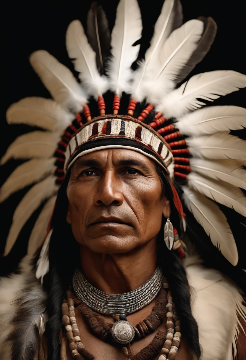 Hyper-realistic cinematic image of a native Indian with feathers on his head, Arte nativo americano, Guerrero indio, Indio, Guerrero nativo americano, Arte nativo, Un guerrero nativo americano, indigenous man, eagle feather, Skilled Apache warrior, warrior spirit, Tocado indio americano, indigenous art, : native american shamen fantasy, indigena, Arte popular nativo americano, Realistic Art Photography, Cinematographer, obra-prima, realista, realismo, Renderizado, alto contraste, digital art photographyrealistic trend on Artstation 8k HD high definition detailed realistic, detallado, textura de la piel, hiper detallado, Textura de piel realista, armadura, mejor calidad, ultra-high-resolution, (Fotografíarrealista: 1.4), high resolusion, detallado, Calado bruto, sharp re, por lee jeffries Nikon D850 Film Stock Photography 4 Kodak Portra 400 F1 Lens.6 Rich Colors Realistic Texture Dramatic Texture Dramatic Lighting IrrealEngine Trend on ArtStation Cinestill 800