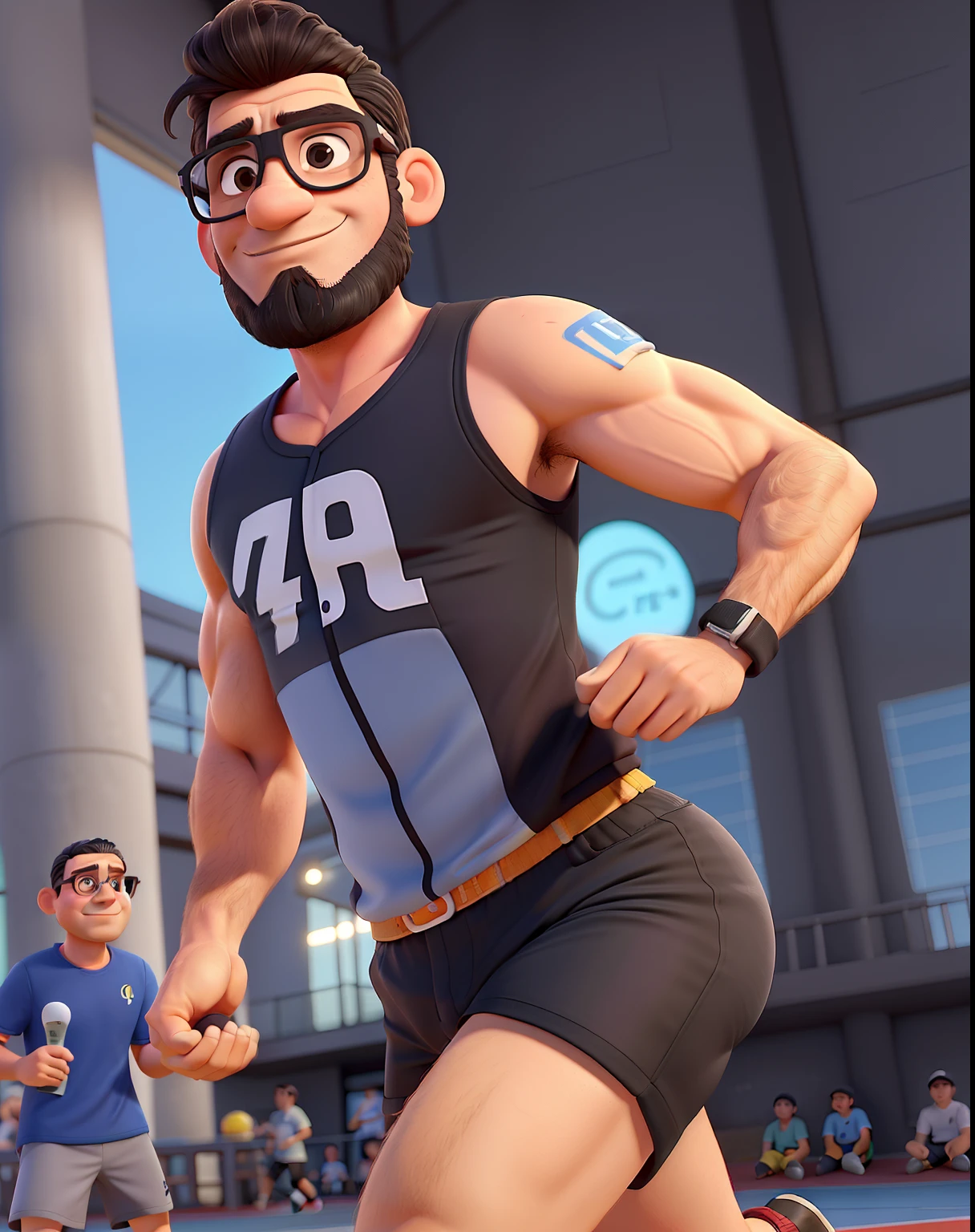 Um personagem estilo pixar: um corredor, homem, 46 anos, loiro, cabelo curto, with black cap, sports glasses, Gradient Beard, relogio no pulso esquerdo, camisa branca, Black compression shorts, meia alta preta, tenis de corrida. Olhando para o lado e para o alto. In a race scenario,  com outros corredoros ao redor.