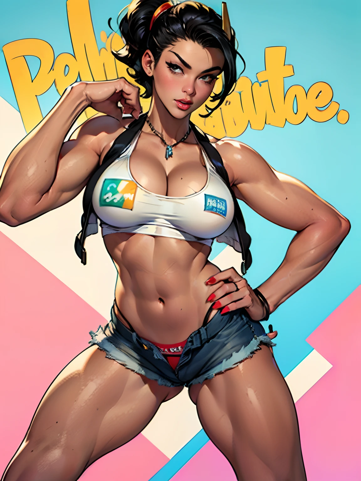 (high quality, best rendering), (beautiful girl), black hair(bombshell, pin-up style), psychopath, crazy face, sexy pose, jean short shorts, tank top, pastel, centered, scale to fit dimensions, micro thong, micro bikini, camel toe