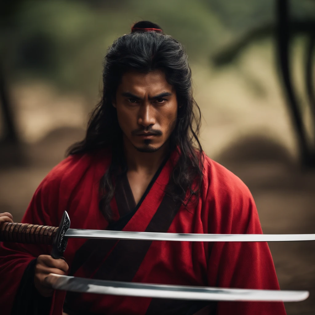 Hombre samarai con mascara roja pelo largo con katana y armadura