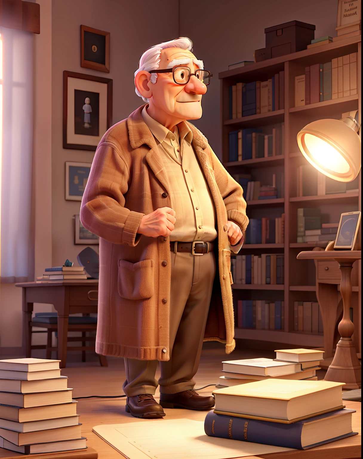 A wise old man standing in front, illuminated by the light of a lamp, against the backdrop of a library