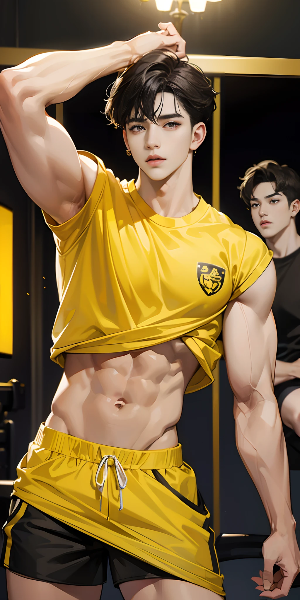 (masterpiece), best quality,bts jhope, muscular body, bodybuilder,wearing yellow shirt,black shorts