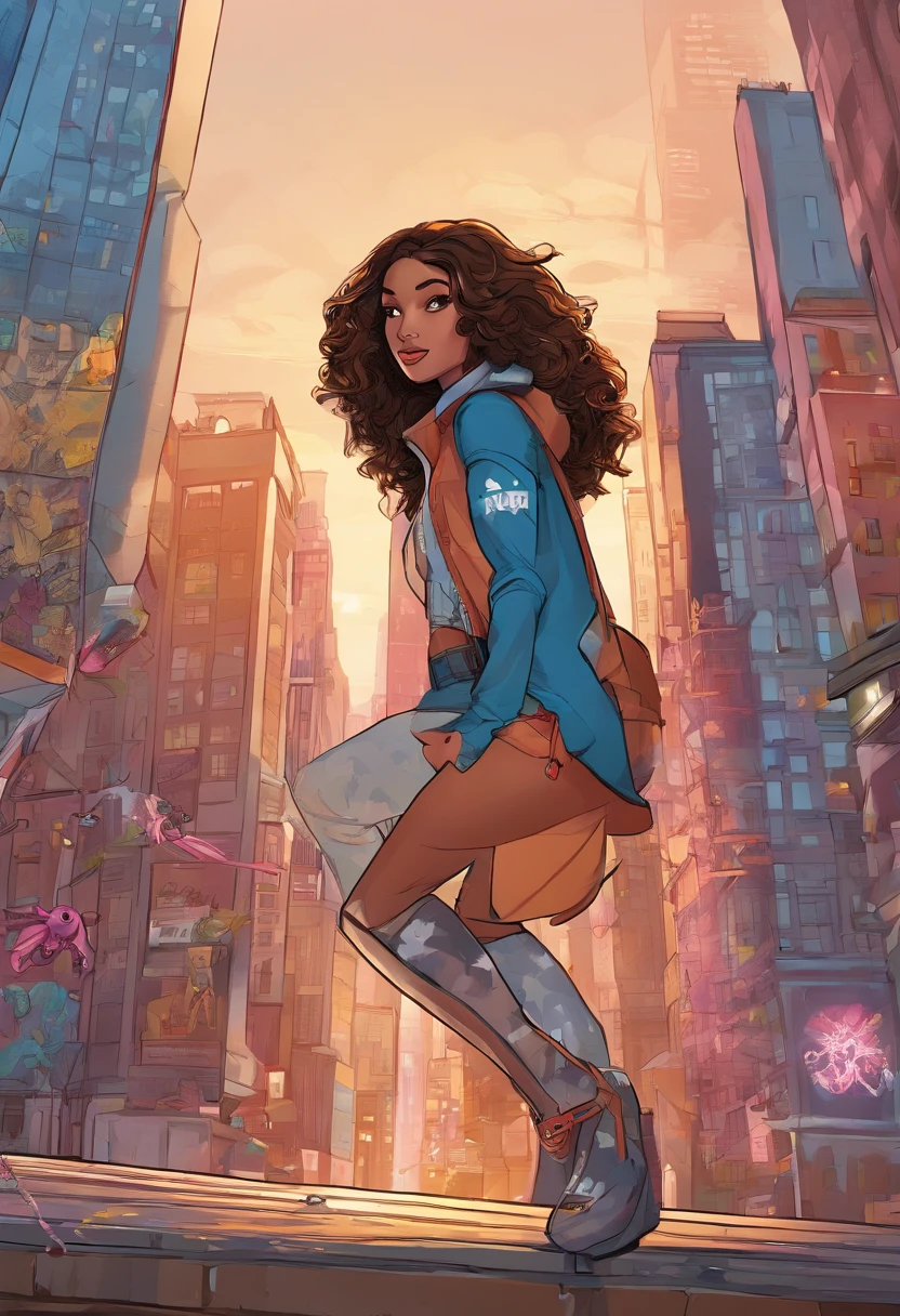 Spiderverse characters, women, long brown hair, brown eyes, very light skin color, ice power, in New York, pale, 15 years old, Spiderverse comic, illustrations, ultra-detailed, realistic, high-quality, 4k resolution, vivid colors, vibrant lighting, bokeh