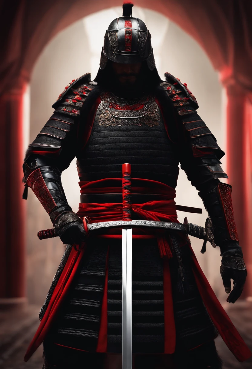 Samurai con ropa oscura, componentes de robo, con una espada roja brillante, de frente, fondo oscuro, realista,