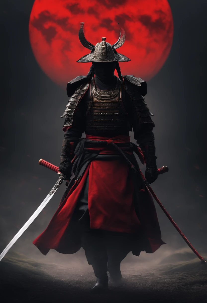 Samurai con ropa oscura, componentes de robo, con una espada roja brillante, de frente, fondo oscuro, realista,