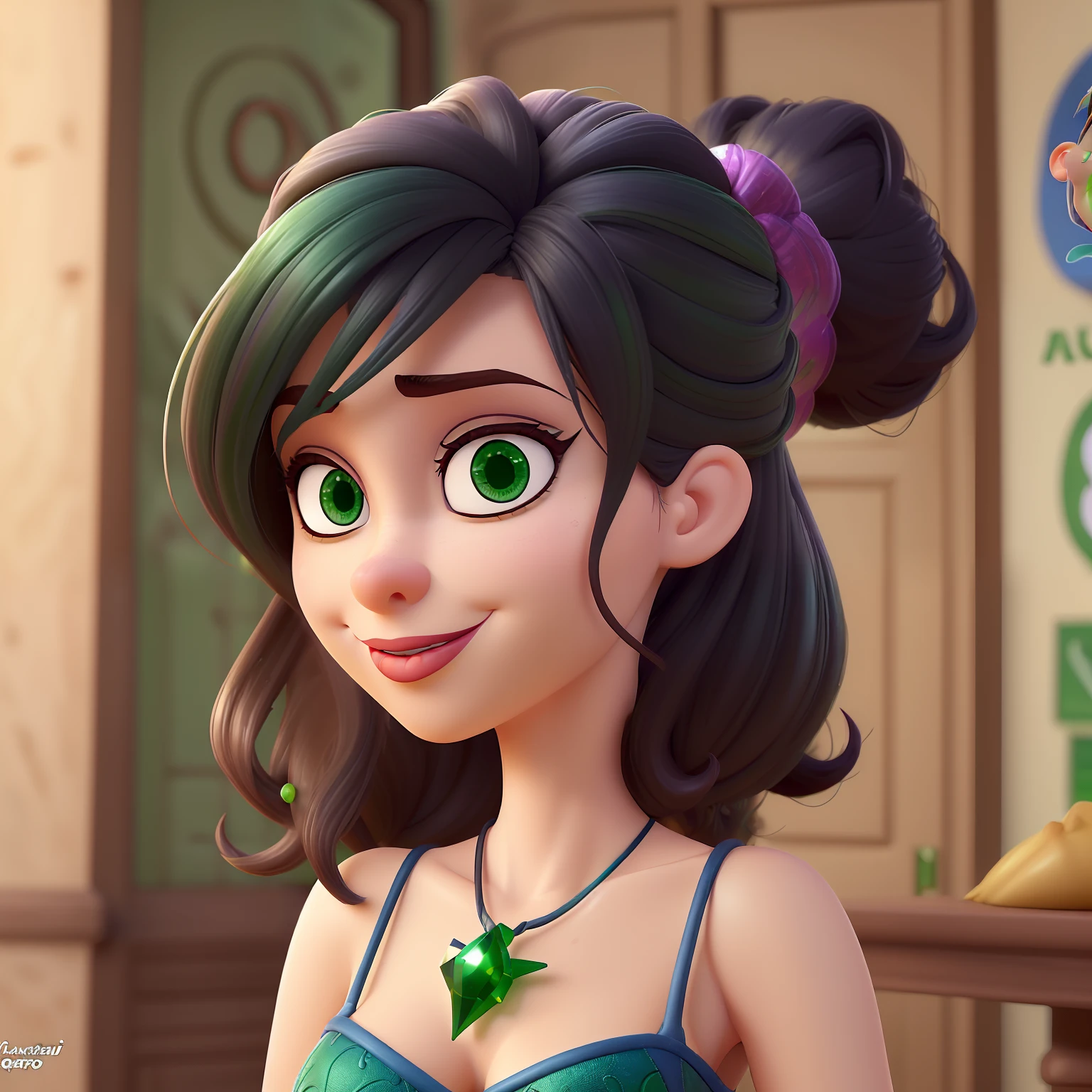 mulher branca de olhos verdes, cabelo castanho escuro longo ondulado, qualdril largo, vestida como executiva, estilo Disney Pixar, alta qualidade