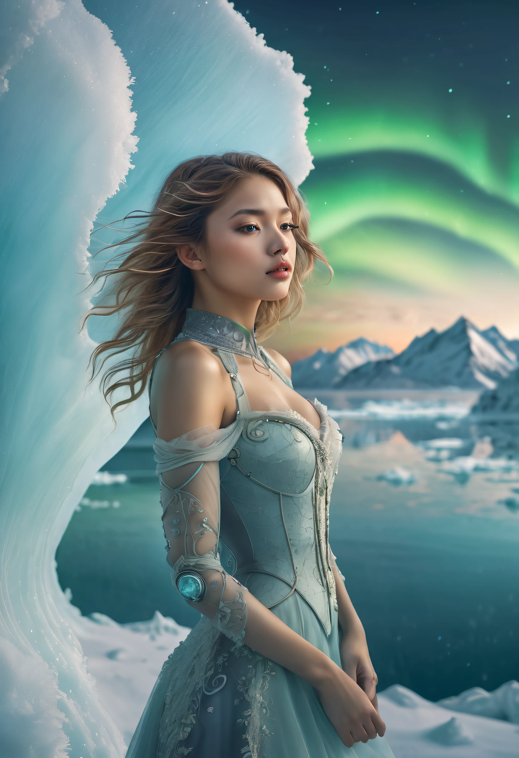 (((Masterpiece))),(((Best quality))),((Ultra-detailed)),((illustration)),extreme light，1girll，Stand under the iceberg，Admire the beautiful Northern Lights，[Hazy snow-capped mountain landscape in the distance：Translucent ethereal mechanical girl，snow mountains：0.33] Immerse yourself in the immense wind current，Living in wind and snow，Behind the aurora，（Doubleexposure：1.3），photography of：Brandon Woelfelmist，Surreal dreams，Gray atmosphere，Rainy days，dyna，lute，hdr
