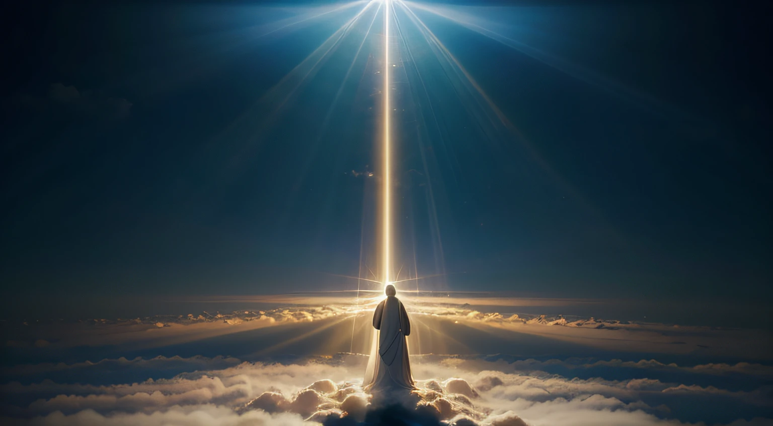 A respectful representation of God, enveloped in an ineffable and powerful light. The image should convey a sense of omnipotence and divine love, with heavenly clouds and rays of light permeating the scene.
