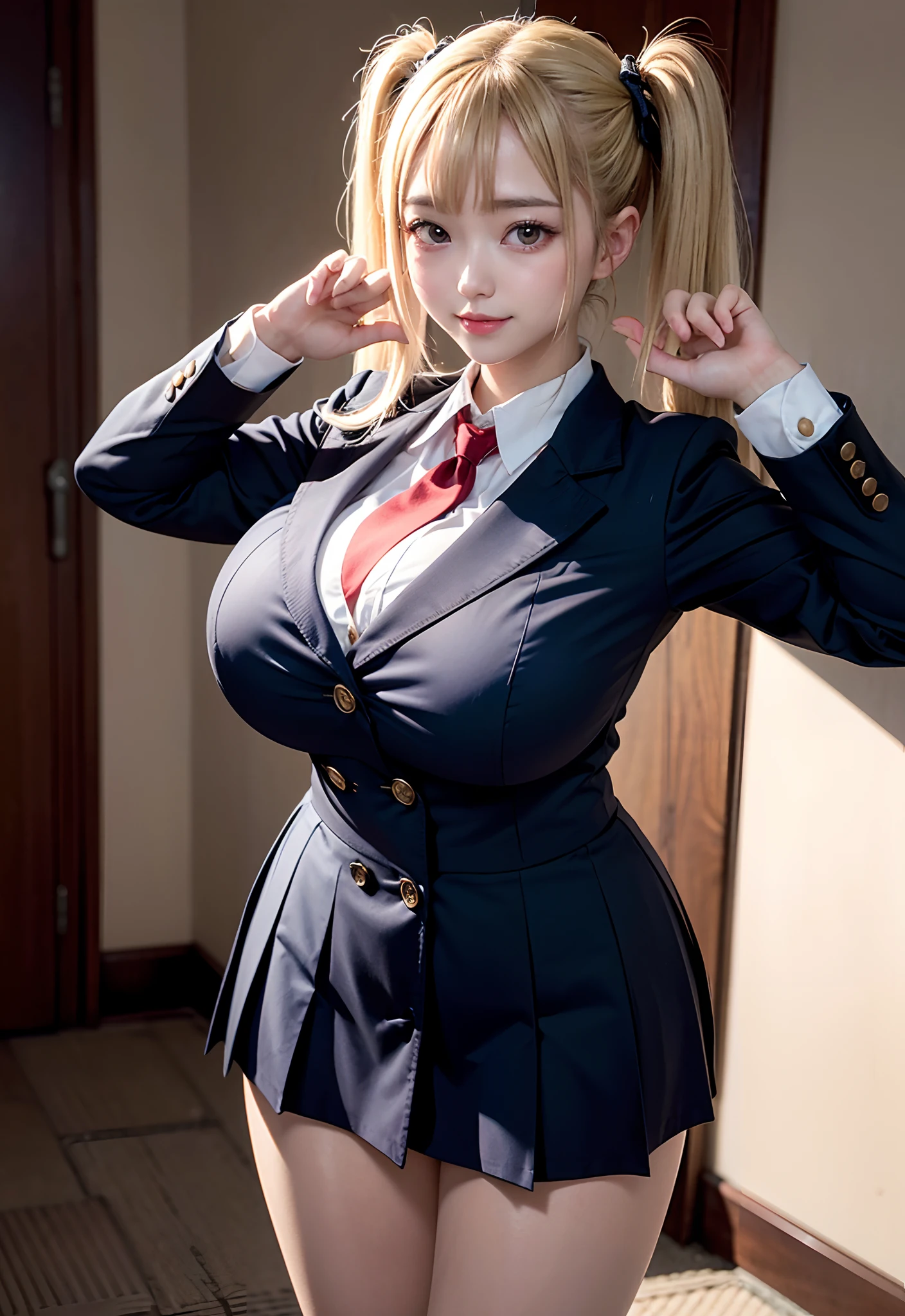 the Extremely Detailed CG Unity 8K Wallpapers,top-quality,ultra-detailliert,masterpiece,realisitic,Photo Real,Bright lighting,extremely detailed cute girl,17 age,Innocent big eyes,A detailed eye,(Blonde hair),(shorth hair),(Tie to twin tails),flawless skin,shinny skin,fair white skin,Fine skin,large full breasts,((perfect anatomia,nice hand,perfect hand,Five fingers connected to the palm of the hand,accurate hands without incongruity))、())、(Japanese girls' high school uniform))、((dynamicposes)))、((taken from the under))、((A sexy))、Mini Pleated Skirt,((Wear school uniforms))、((huge-breasted:1.5))、Little devil smile,a small face,Standing,full body photographed,Schoolgirl in uniform with no visible breasts,sexypose,