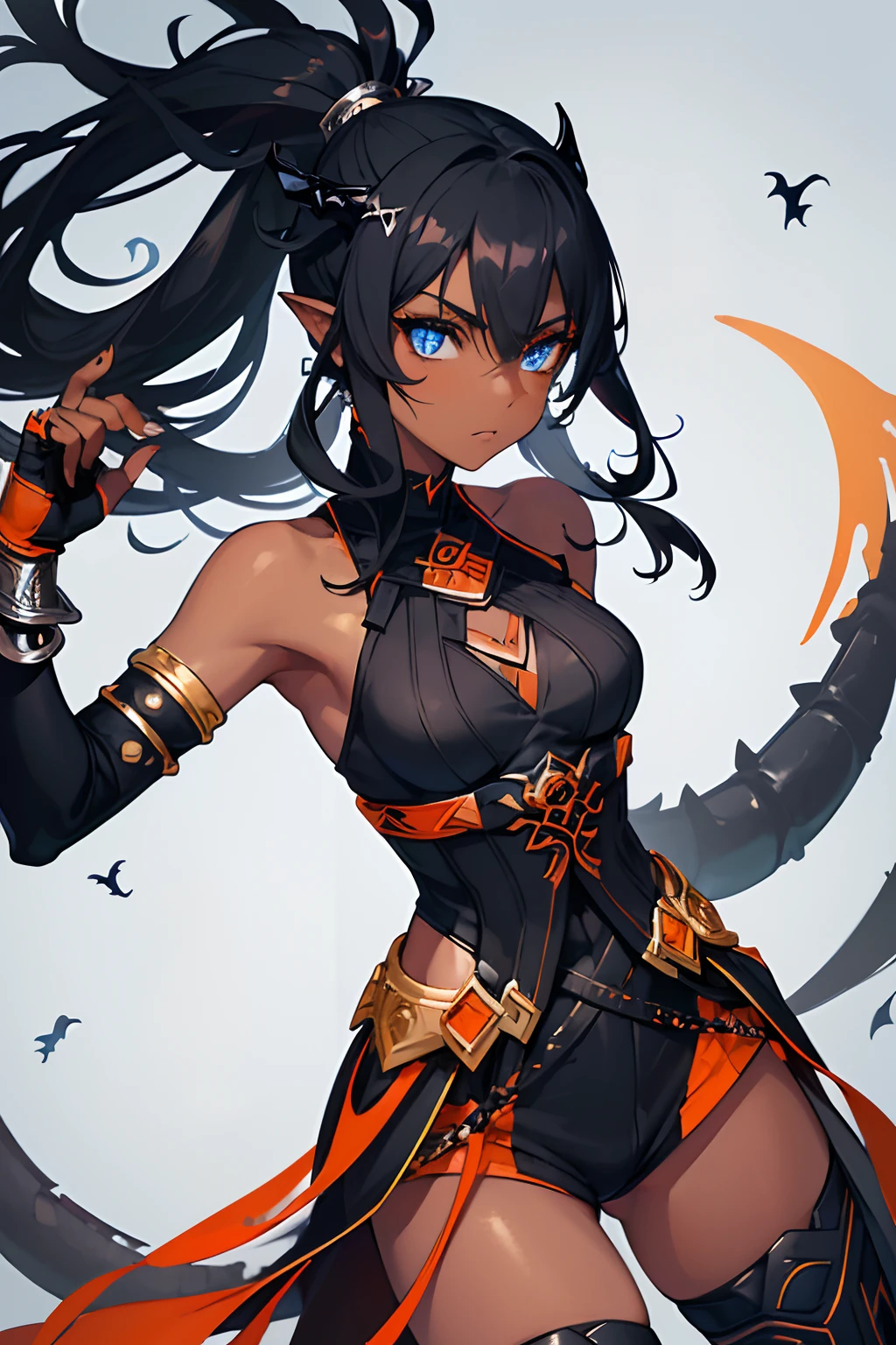 1girl , (((Dark Skin)))), Black Hair with Ponytail, (((Blue Eyes))), ((Black Metallic Gauntlets and Greaves with Orange and Silver Highlights)), (((The Clothes Have a Mix of Modern and Tribal))), (((The Clothes Have a Mix of Modern and Tribal))),  having mostly the color black, but having parts in orange, shoulders exposed, at the hip a shorts that extend to half of the thigh of black color. ((Black Overcoat with a orange inner part)) absurd res, best res, high res, best face, best eyes, ((((Dragon tail))))