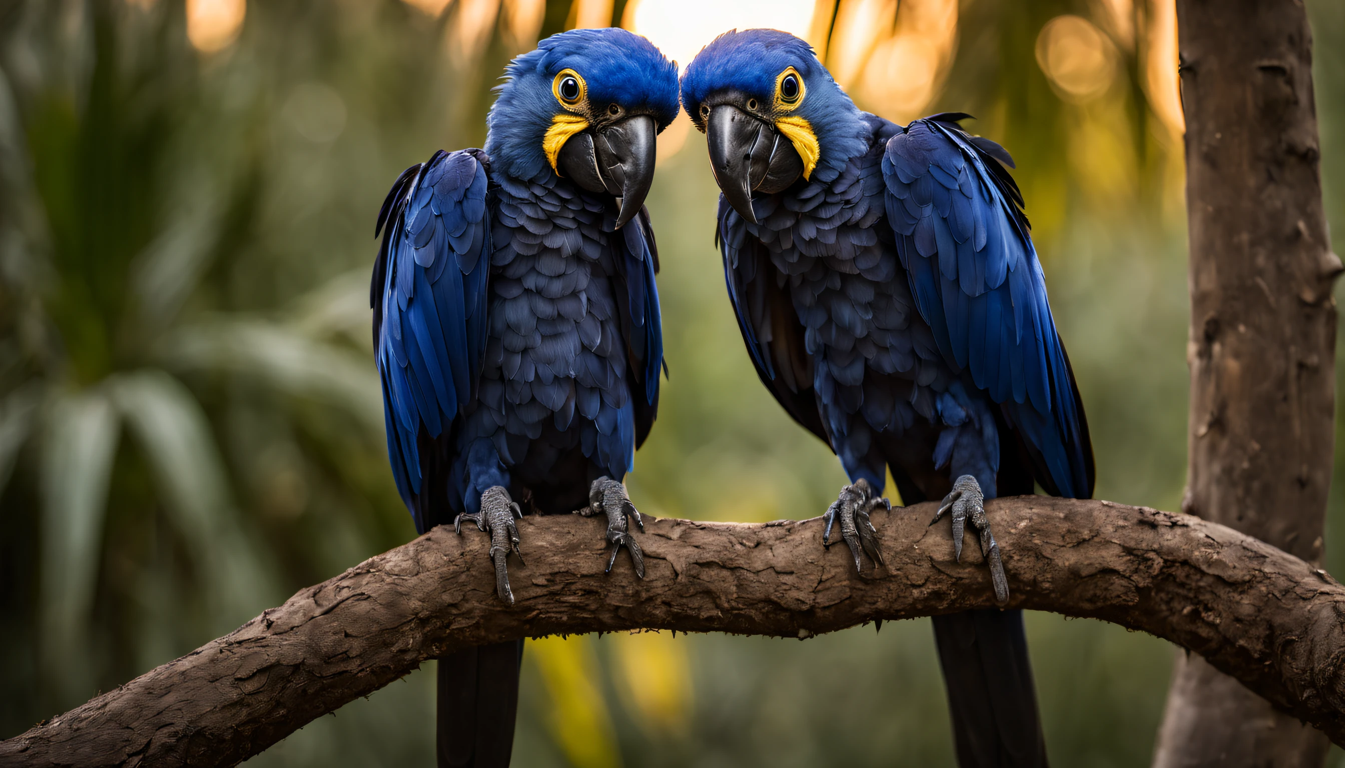 National Geographic Award-winning wildlife photo of two hyacinth macaws, their vibrant blue feathers on the Jerivá tree, a palm that can measure 10 to 20 meters tall | forest a sunset day | full body view | highly detailed | high resolution | looking at the viewer with an intense gauze | predatory | hyper detailed eyes | sharp focus | natural light