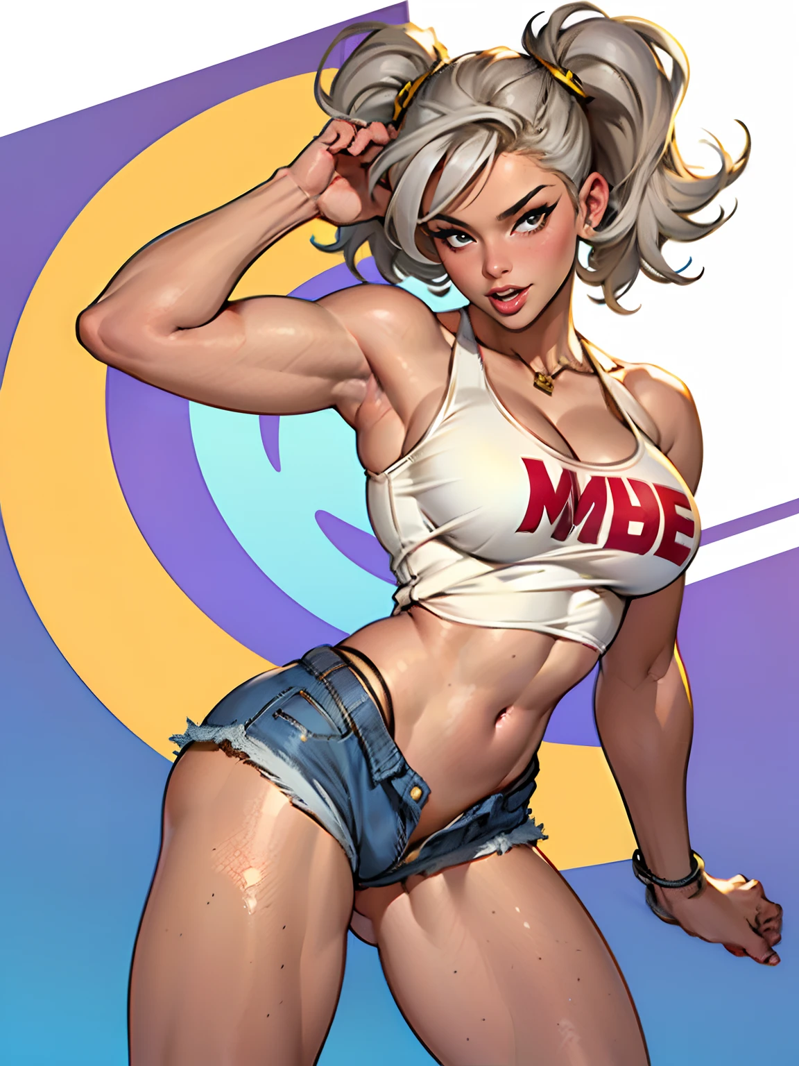 (high quality, best rendering), (beautiful girl), gray hair(bombshell, pin-up style), psychopath, crazy face, sexy pose, jean short shorts, tank top, pastel, centered, scale to fit dimensions, micro thong, micro bikini, camel toe