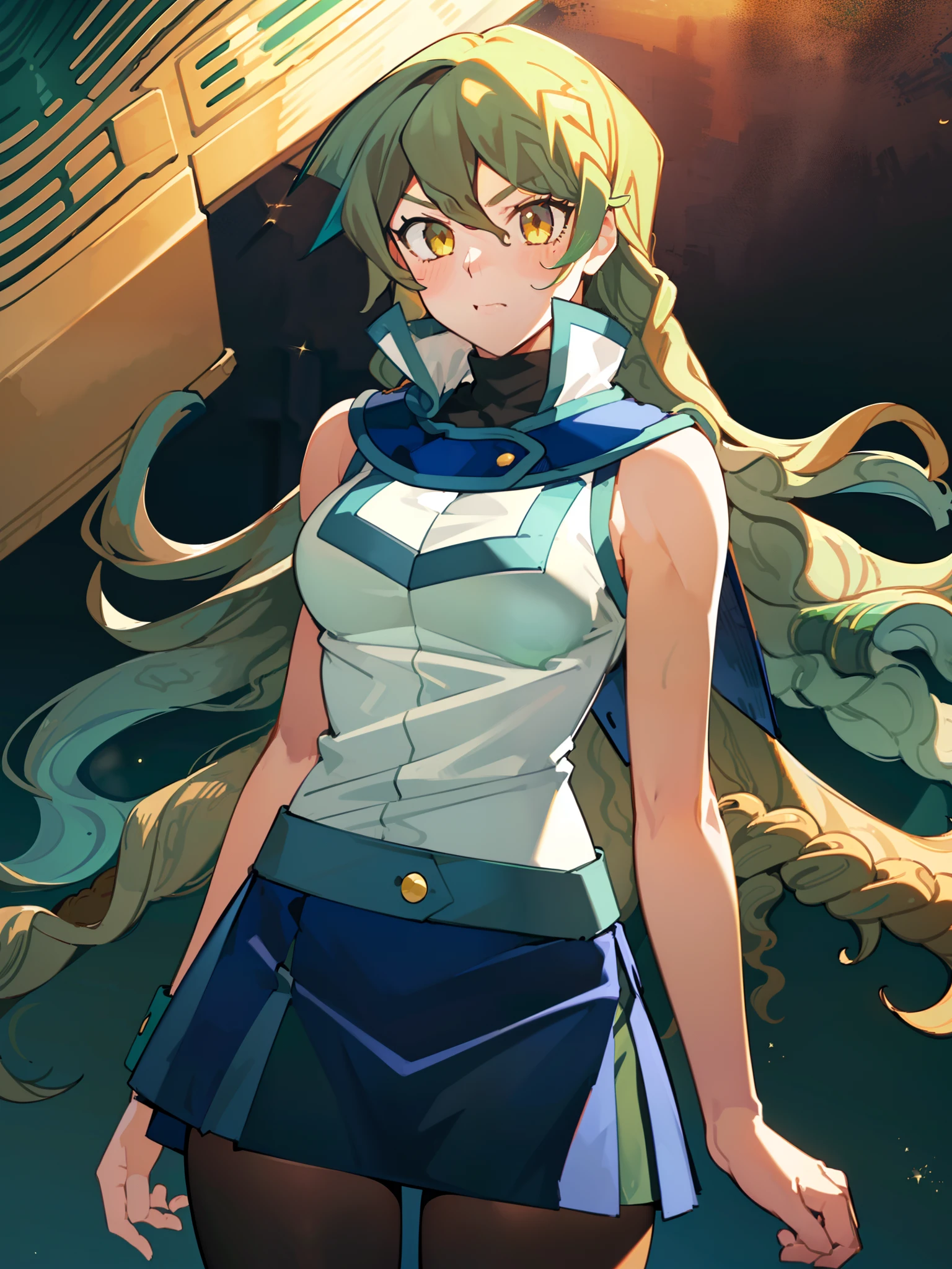 girl, sleeveless jacket, bare shoulders, (((long hair))),blue skirt, (((green hair))), yellow eyes,tsundere,thighs, cowboy shot, (((((wavy hair))))),ahoge,(((pantyhose))),blue boots,fingerless gloves, blush,blunt bangs,hand on own arm