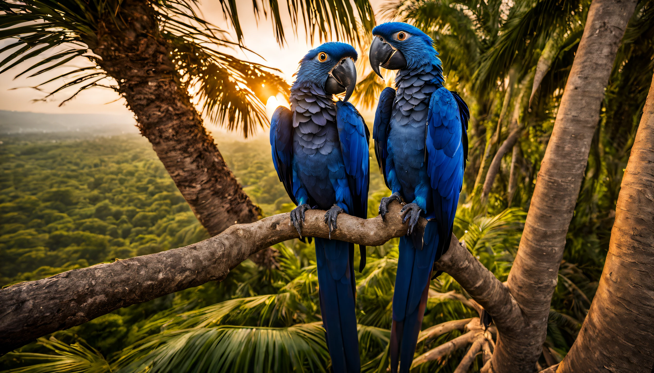 National Geographic Award-winning wide-angle wildlife photo of two hyacinth macaws, their vibrant blue feathers on the Jerivá tree, a palm tree that can measure 10 to 20 meters tall | forest a sunset day | full body view | highly detailed | high resolution | looking at the viewer with an intense gauze | predatory | hyper detailed eyes | sharp focus | natural light