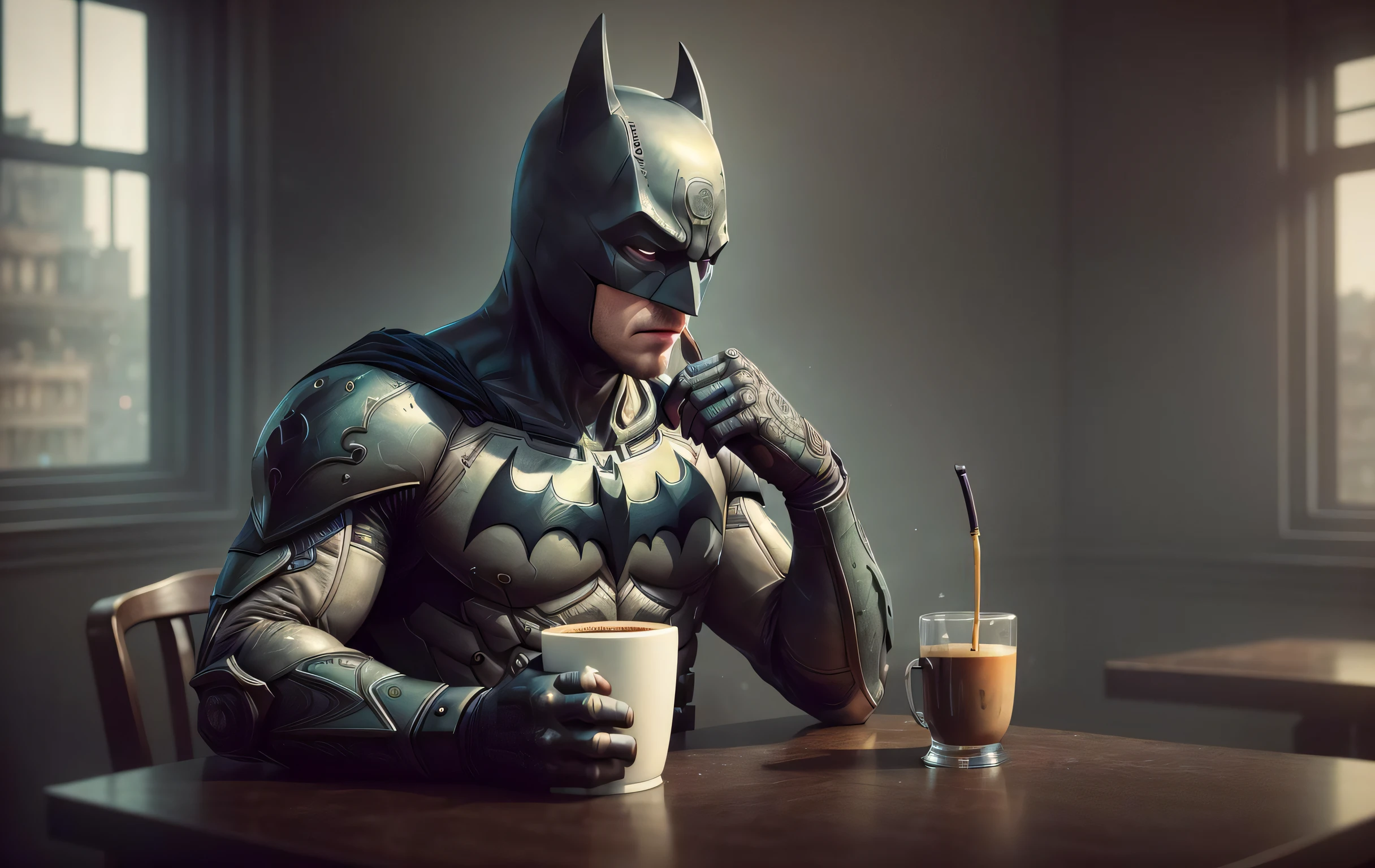 1batman drinking coffee in modern cafe, realistic face, realistic eyes, (dark shot:1.22), neutral colors, (hdr:1.4), (muted colors:1.4), (intricate),  hyperdetailed, dramatic, intricate details, (technicolor:0.9), (rutkowski:0.8), cinematic, detailed, (intricate details:1.12), hdr, (intricate details, hyperdetailed:1.15)