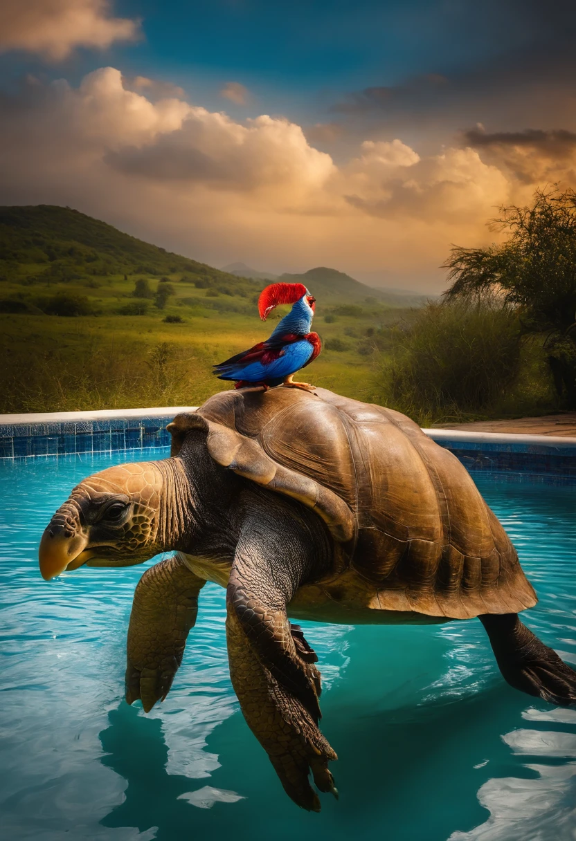 un poussin  sur un singe sur une tortue sur une vache qui est sur une éléphant dans une piscine