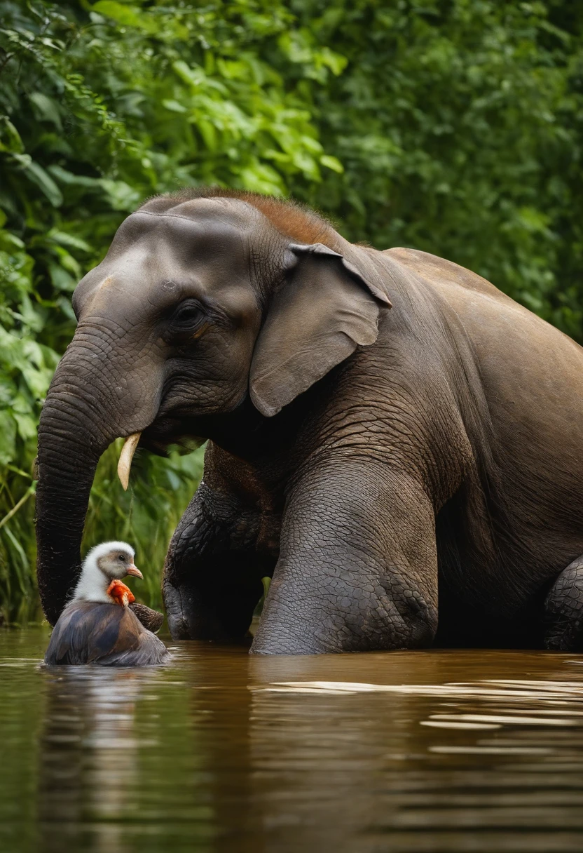 un poussin  sur un singe sur une tortue sur une vache qui est sur une éléphant dans une piscine