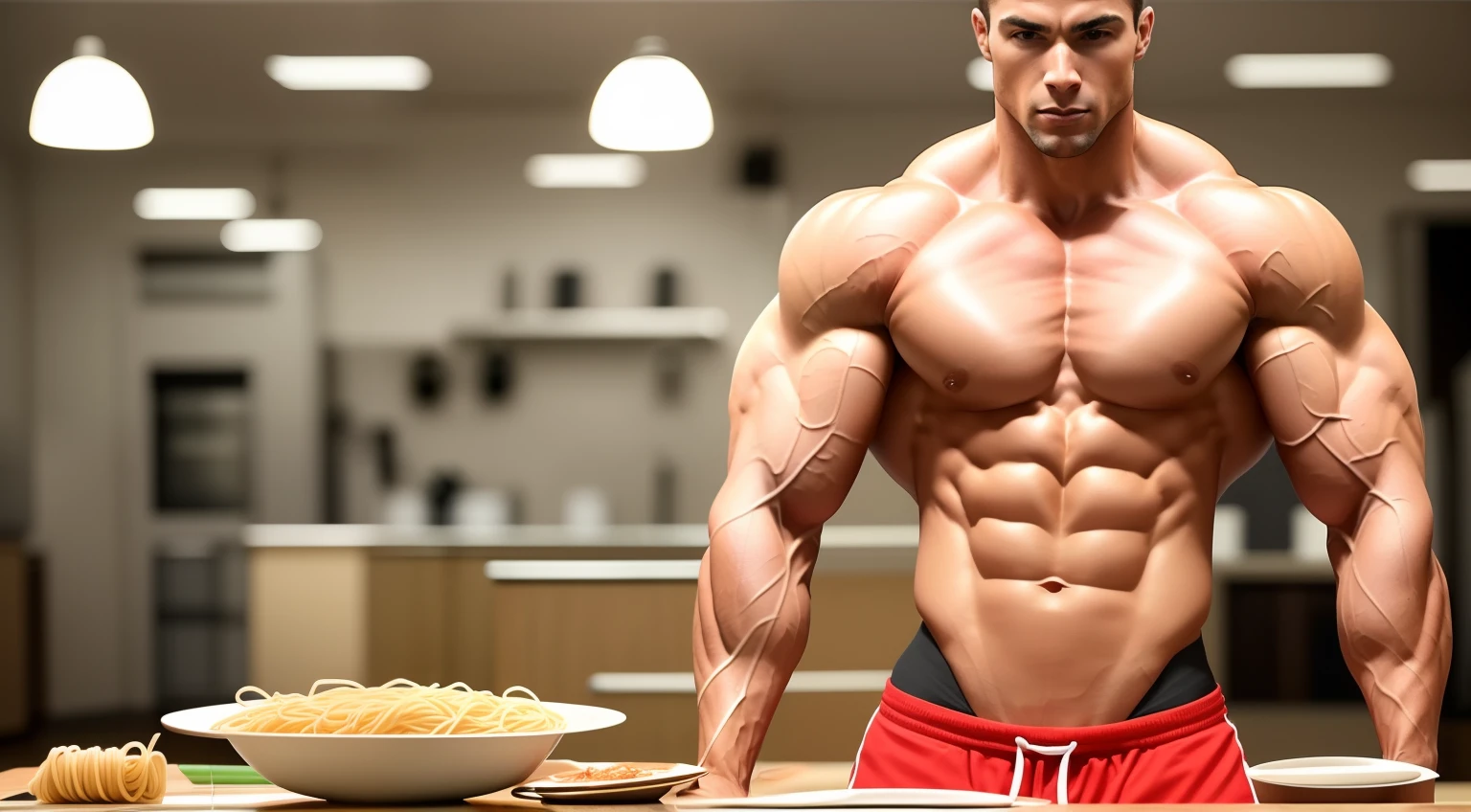 A closeup of a man with muscles eating spaghetti with a fork and spoon, comer espaguete, eats pasta all the time, eating noodles, comer espaguete de uma tigela, imagem de comida super realista, eating ramen, espaguete slurping, Mukbang, exaggerated muscle physique, perfect muscle structure, Defined muscles, exaggerated muscles, definition muscular, muscular character, corpo do fisiculturista, corpo muscular com cicatrizes de batalha, chiseled muscles, Bowed muscles;, muscle extremely detailed, large muscles, tipo de corpo muscular, big wide broad strong physique |