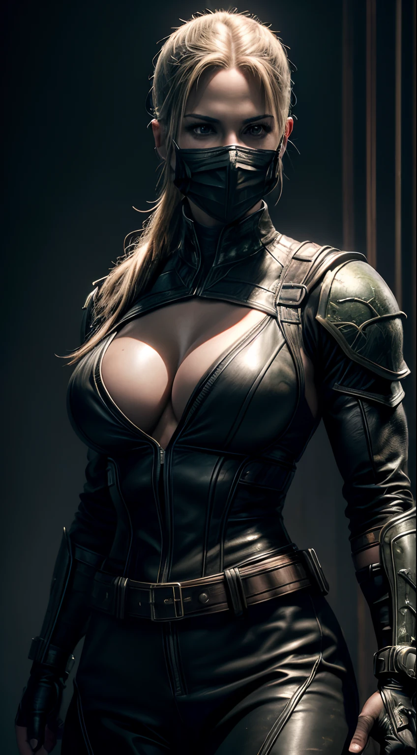 (best quality, 4k, 8k, high resolution, masterpiece:1.2), ultra-detailed, (realistic, photorealistic, photo-realistic:1.37), oil painting, Sonya Blade, a character from the Mortal Kombat game, dressed in military attire, exquisite chest, muscular body, wearing a mask, lightning, with the Mortal Kombat dragon in the background.