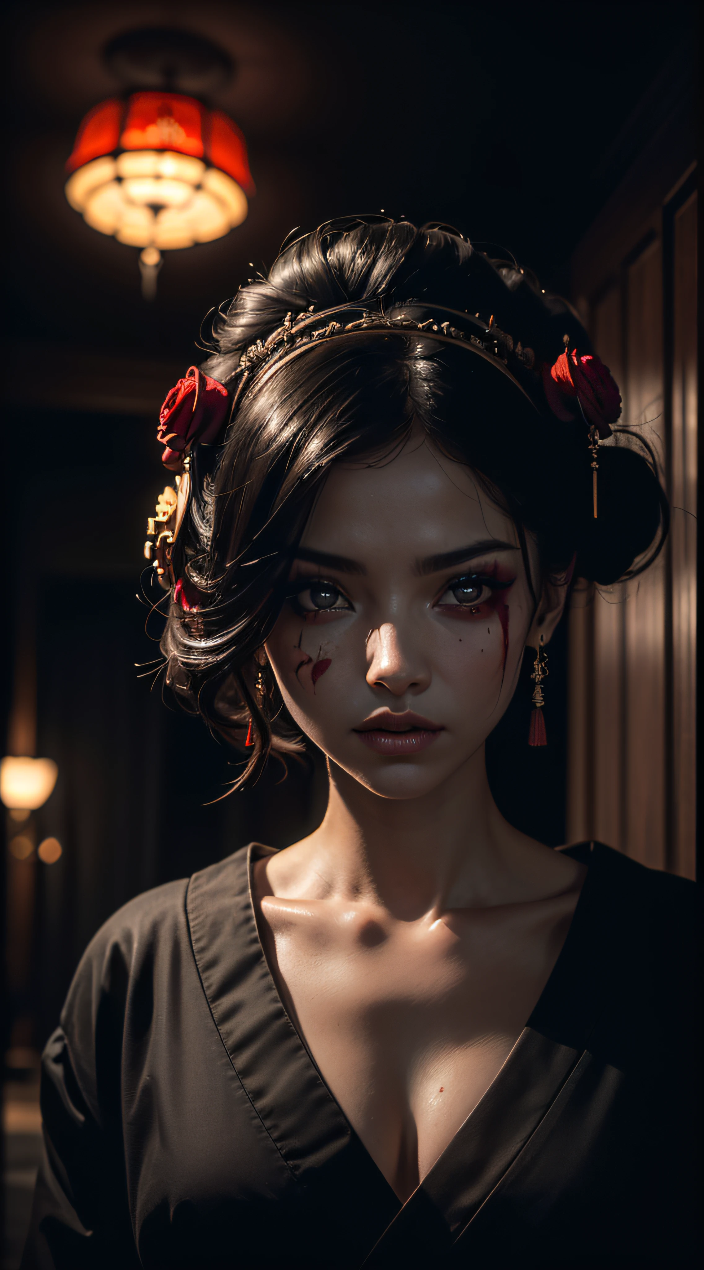 "(The best lighting, oscuro, dramatic),(geisha escupiendo espaguetis con tinta roja calavera alien, Cicatrices, sexy, cerebro, sangre, una rata dentro de la cabeza, terror.),(ojos rojos, calaveras). morning light.