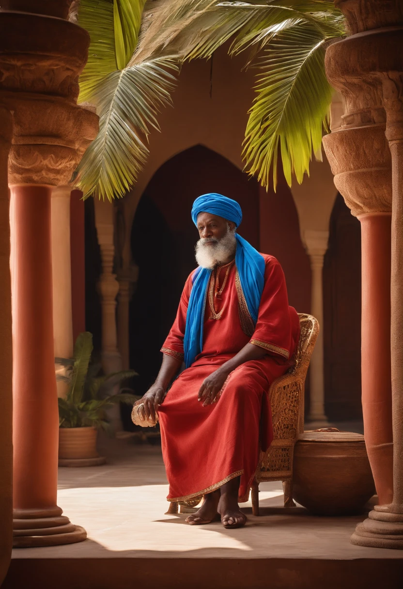 cena realista de um homem negro, Old man and sittin' on an Arabian throne. He's too fat, He has a white beard and is wearing a large blue turban, matching the blue tunic over his red shirt that is visible in the chest area. Ao redor dele, There is a corridor with elegant open-air columns, Behind it to a wall. There are several people on both sides are holding coconut palm leaves to fan it, He waves his right hand and smiles.