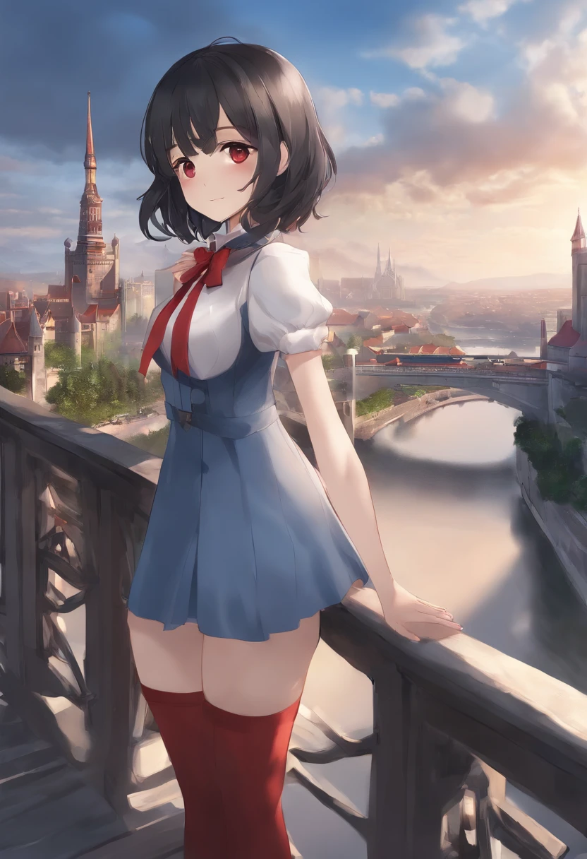 (masutepiece,newest,exceptional:1.2), Anime,1girl in,Bangs,Black_hair, Beautiful 8K eyes,Blue_skyporn,Bridge,building,castle,city,Cityscape,cloud,day,Dress,up looking_で_viewer,Outdoors,Red_neckwear,Red_bow ribbon,bow ribbon,River,Short_hair,Short_sleeves,skyporn,Skyscraper,Solo,Standing