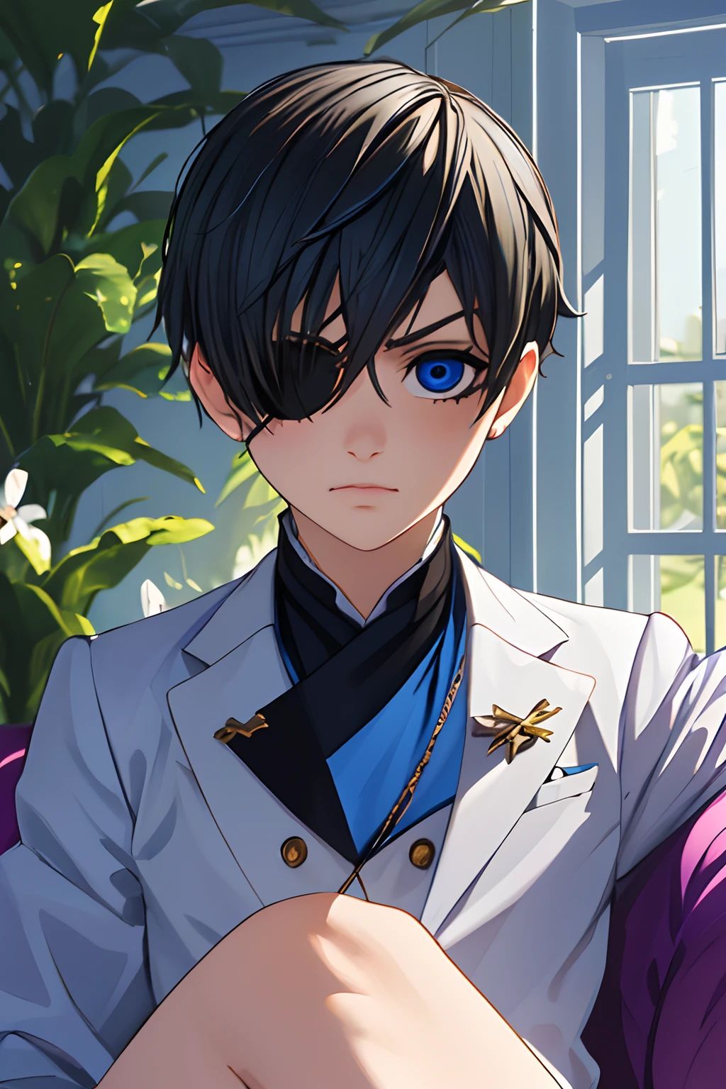 (Best Quality,4k,8k,highres,巨作:1.2),A highly detailed,(Realistic,Realistic Photos,Realistic Photos:1.37),portrait,anime,Phantomhive Sky,boy,10 years old,,dark hair,Intense look,pale skin,Royal Uniform,Classic Victorian style,Stylish clothes,Precision stitching,Feather has,Golden accents,deep blue eyes,Purple eye patch,Detailed lashes,exquisite facial features,serious expression,Confident position,Stand in majestic, Sit in a beautiful office with a window behind it overlooking the garden,Dramatic shades,Invisible lens glow,vibrant colours,Rich color scheme,Royal Purple,Royal Blue,Delicate pastel tones,Gentle sunlight flows through the leaves. A ten-year-old boy wears boyish clothes with short hair without clothes short shorts