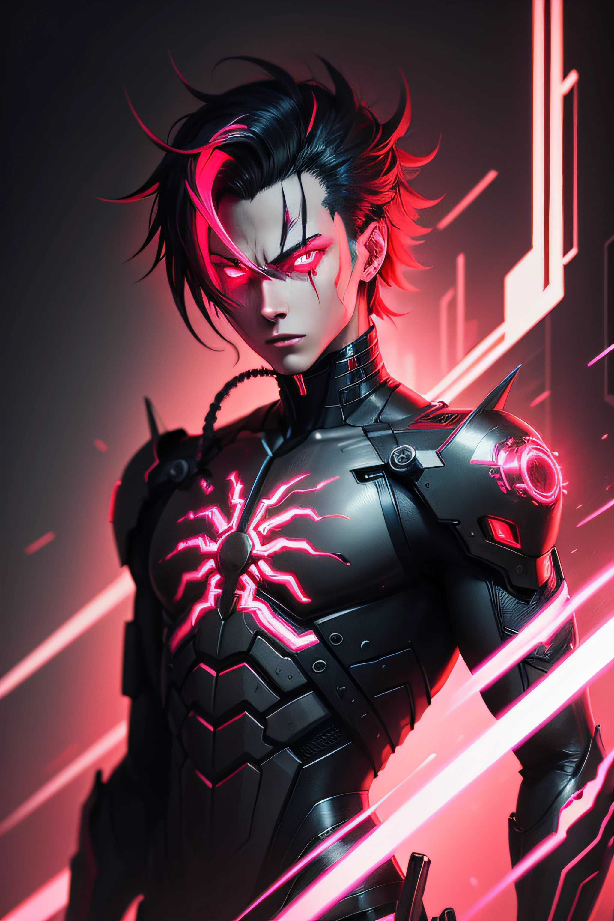 anime phonk brain sick horror cover male cyborg half demon creative background with neon red colors