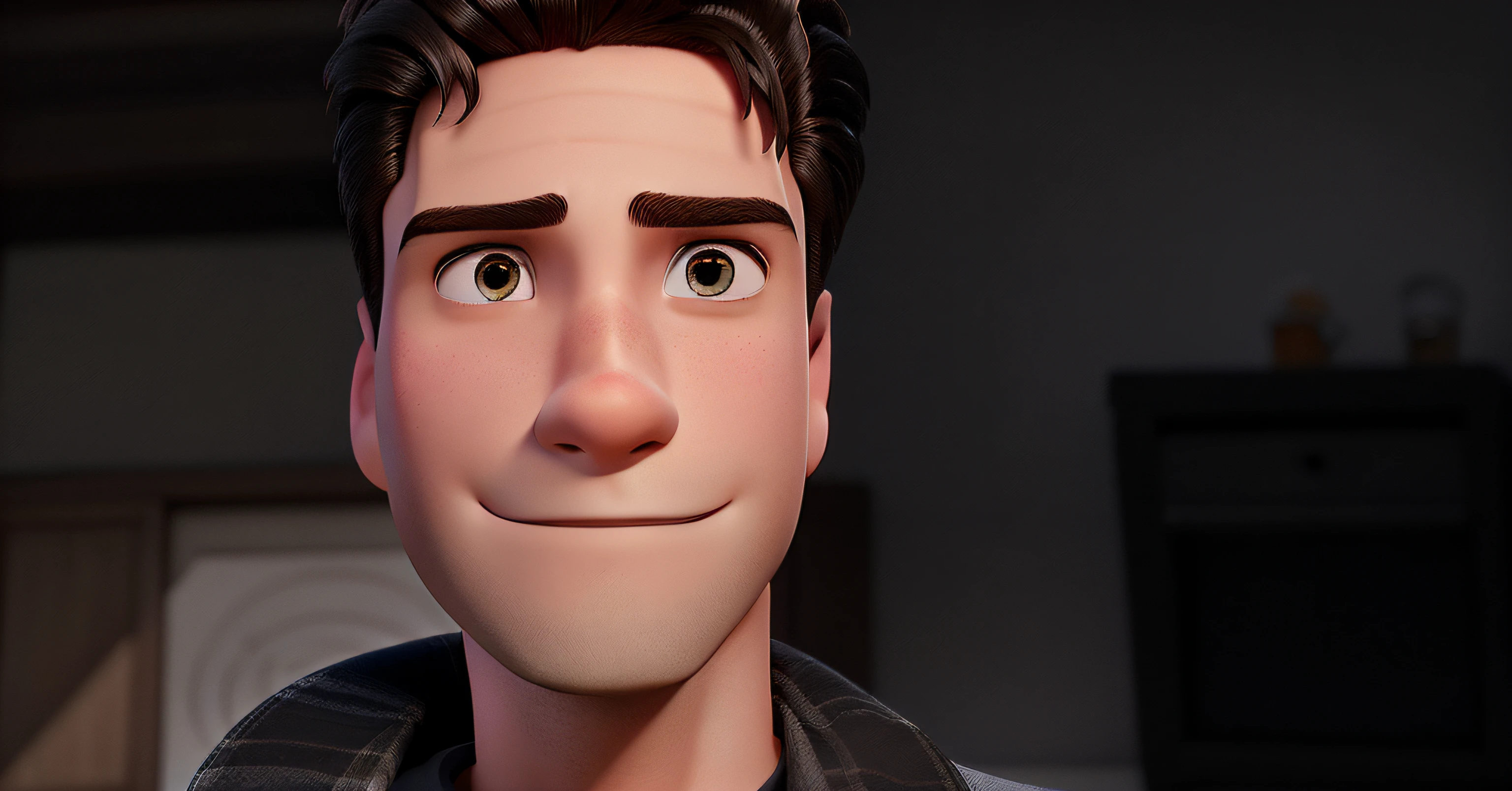 Crie uma imagem no estilo "Disney Pixar". The main character is a handsome young 24-year-old male, rosto para frente, de pele branca, olhos castanhos, cabelos castanhos, Possesses a shy smile, olhando para a direita, Shaved hair on the sides and medium hair on the top of the head.
