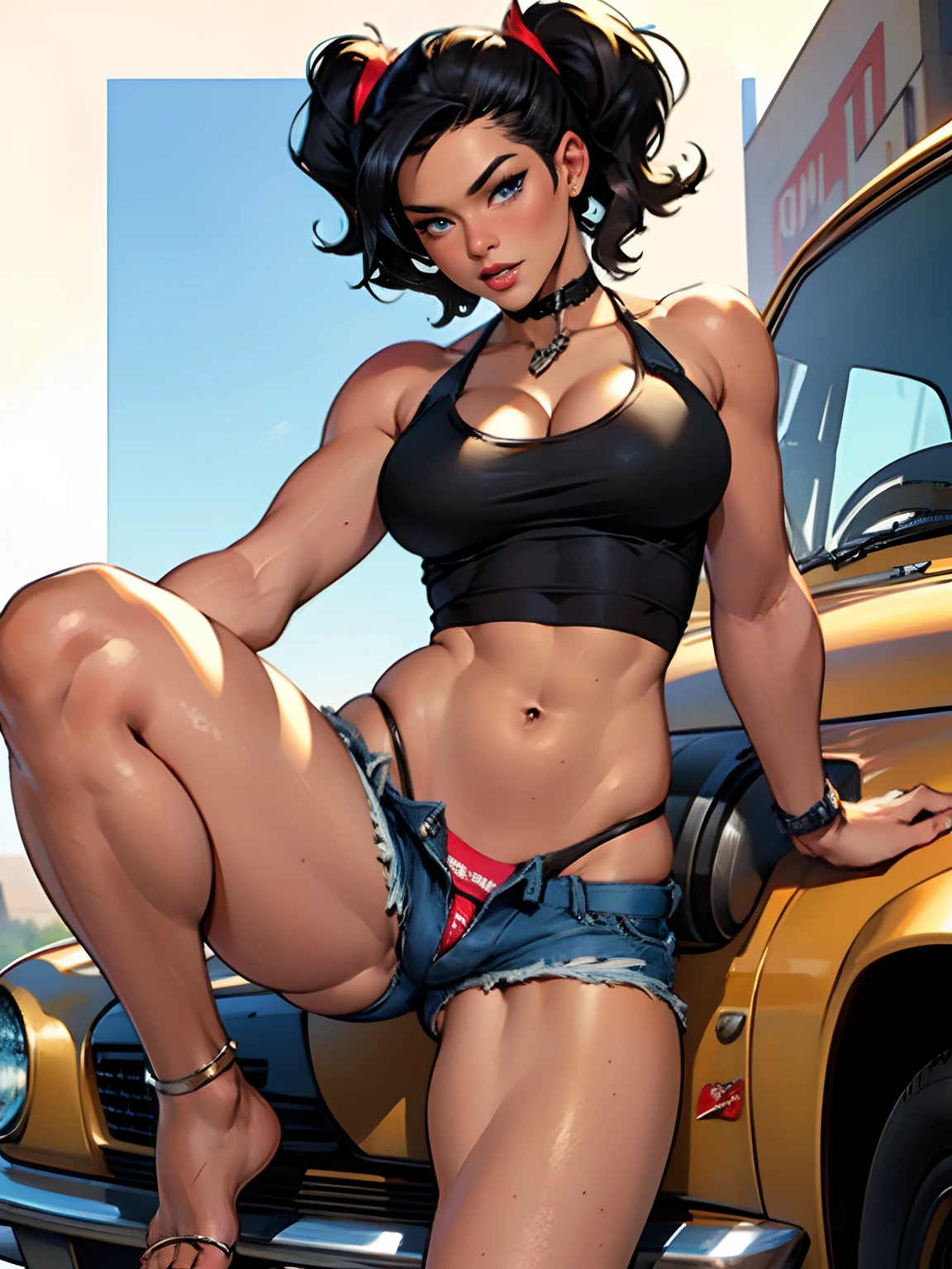 (high quality, best rendering), (beautiful girl), Blue Eyes, black hair(bombshell, pin-up style), psychopath, crazy face, sexy pose, jean short shorts, tank top, pastel, centered, scale to fit dimensions, micro thong, micro bikini, camel toe