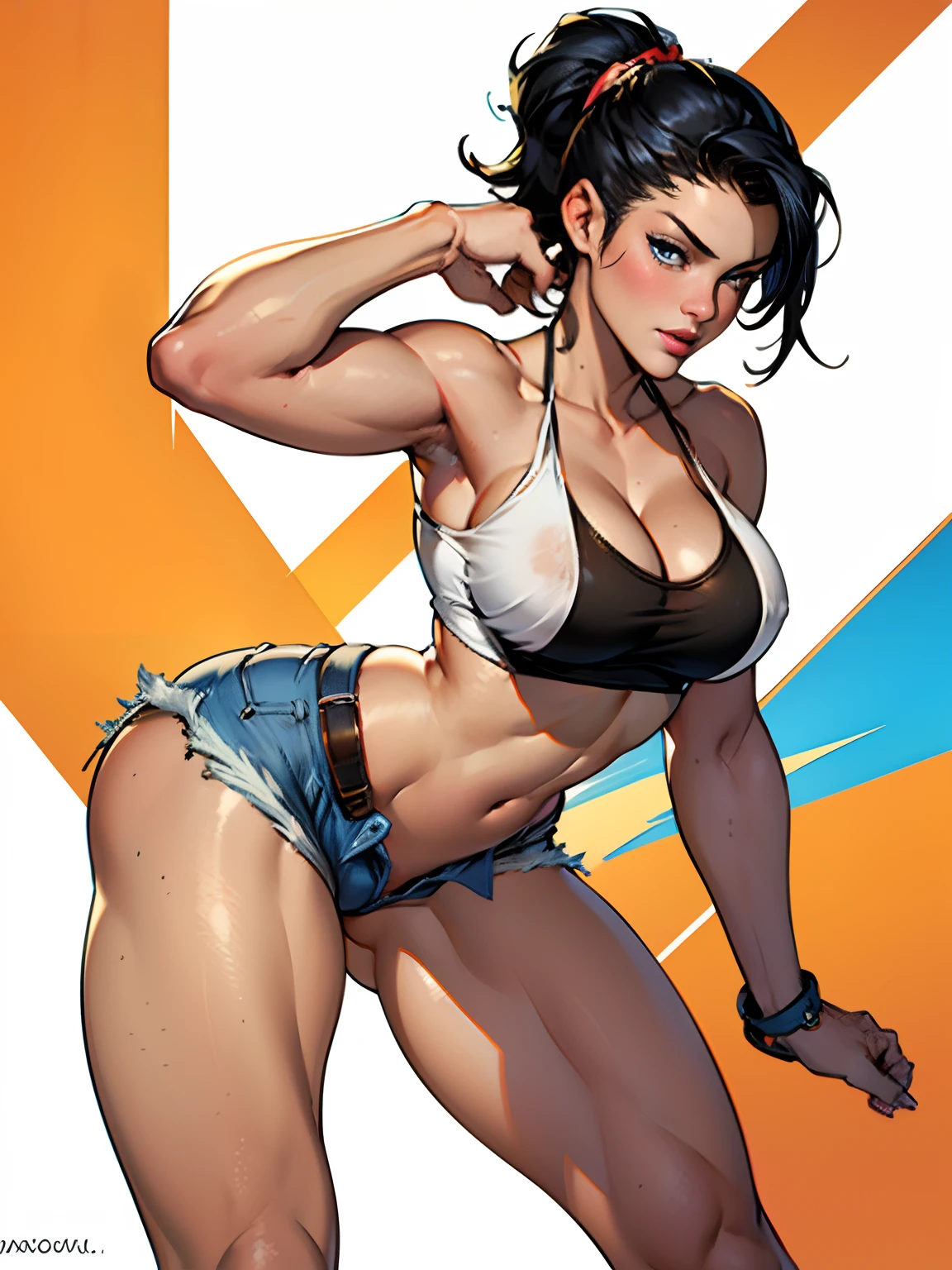 (high quality, best rendering), (beautiful girl), Blue Eyes, black hair(bombshell, pin-up style), psychopath, crazy face, sexy pose, jean short shorts, tank top, pastel, centered, scale to fit dimensions, micro thong, micro bikini, camel toe