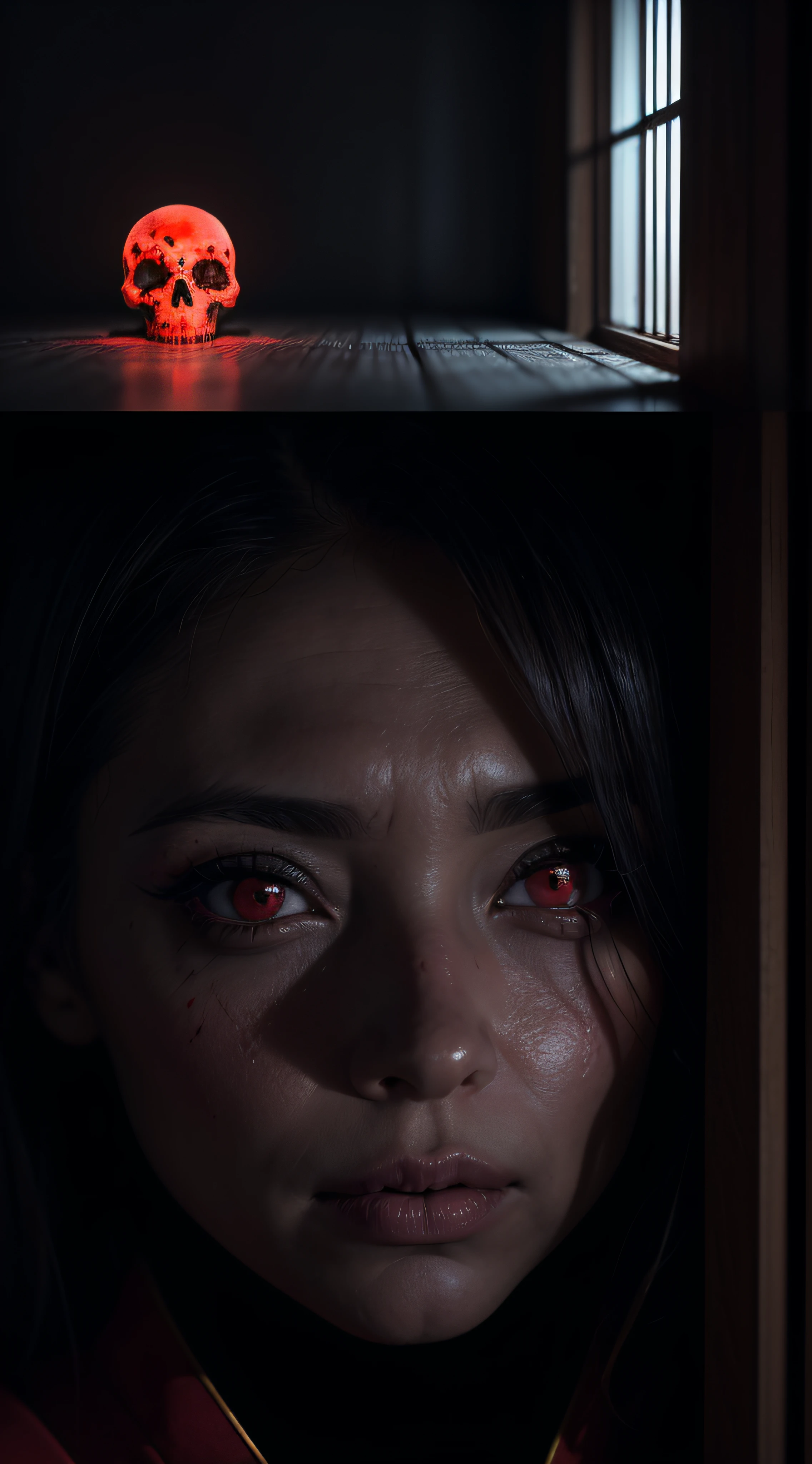 "(The best lighting, oscuro, dramatic),(geisha escupiendo espaguetis con tinta roja, sexy, cerebro, sangre, una rata dentro de la cabeza, terror.), (ojos rojos, calaveras). morning light.
