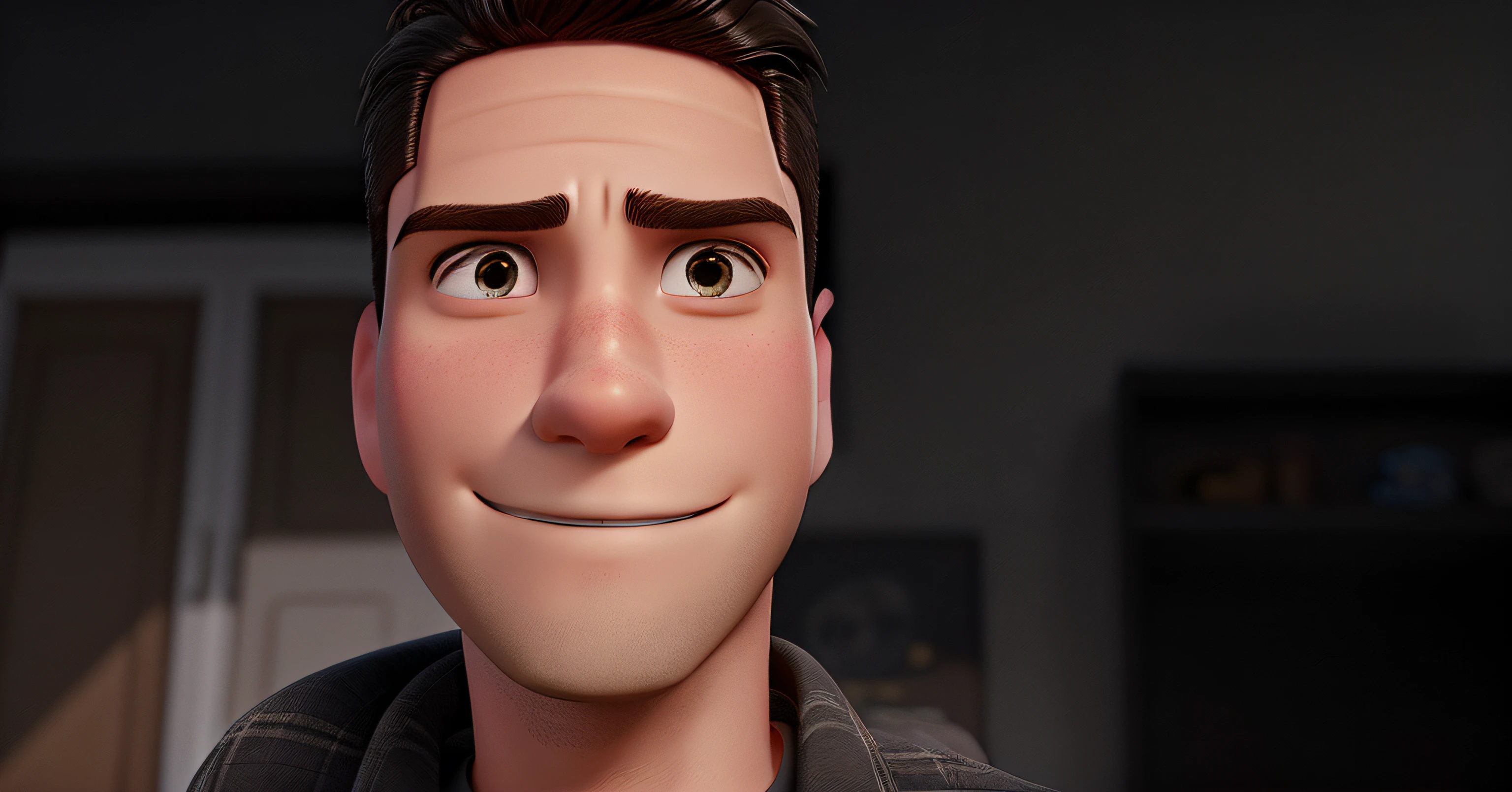 Crie uma imagem no estilo "Disney Pixar". The main character is a handsome young 24-year-old male, rosto para frente, de pele branca, olhos castanhos, cabelos castanhos, Possesses a shy smile, olhando para a direita, Shaved hair on the sides and medium hair on the top of the head.