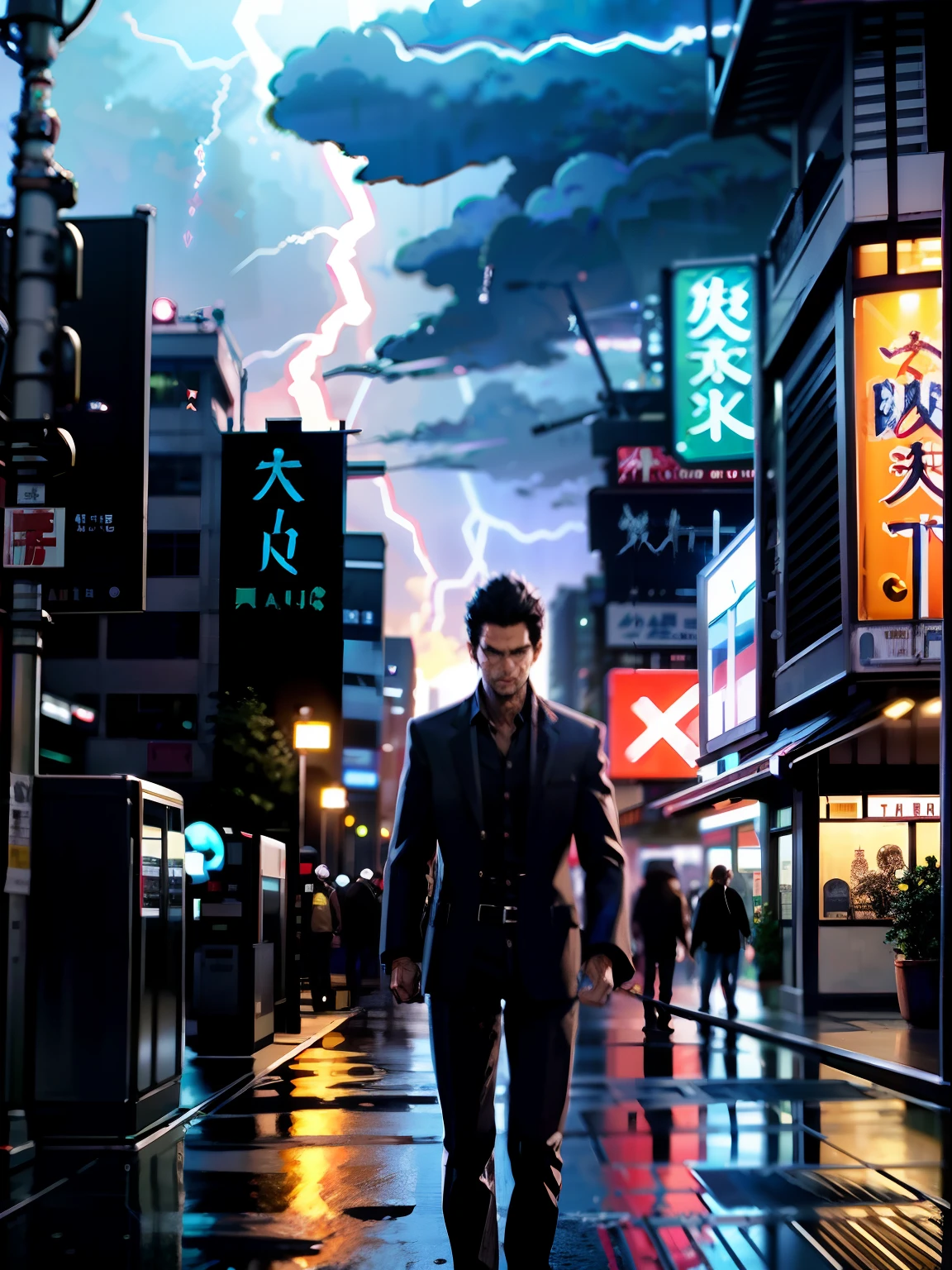 1boy, Kiryu Kazama、Spiky hairstyle、machine gun、Japan sword on the back、Whole body bloody、Upper body only shots、Overhead view of the composition、The beginning of the adventure、kamurocho, Lots of clouds,heavy fog、Moon,(lightning:1.5)、Chaotic city of the future、Movie dystopia、A group of very tall skyscrapers stands in the center、Very complex cityscape,Crowded Chinese skyscrapers、street signs、streetlights、taxis、buses、Train、Blue lighting,Dark road、puddles、Chaotic、Beautiful and fantastic scenery、Cinematic scenery、hightquality、masutepiece,in 8K、hight resolution、