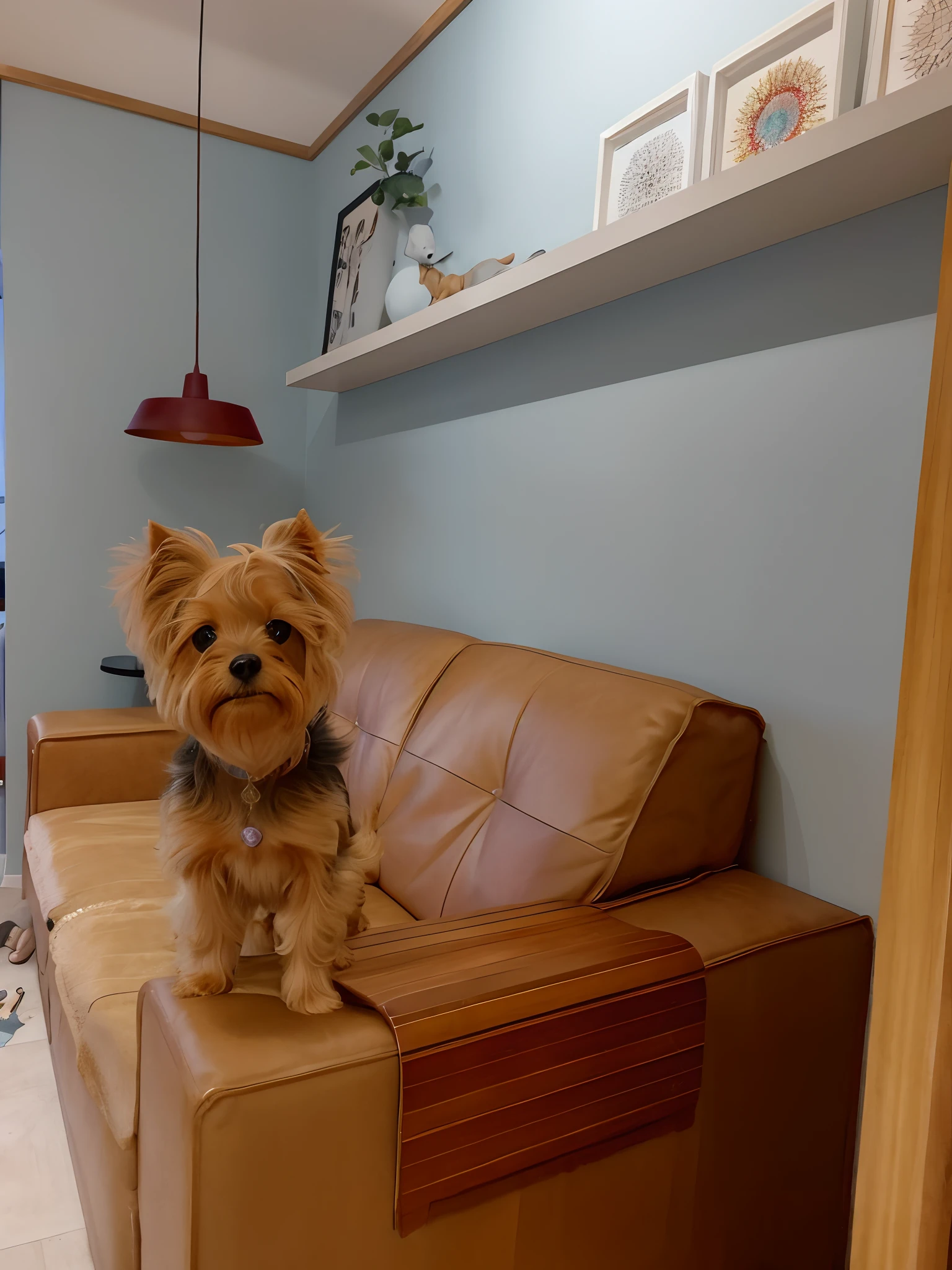 A Yorkshire breed dog in decorated room, esperta, alerta, pixar