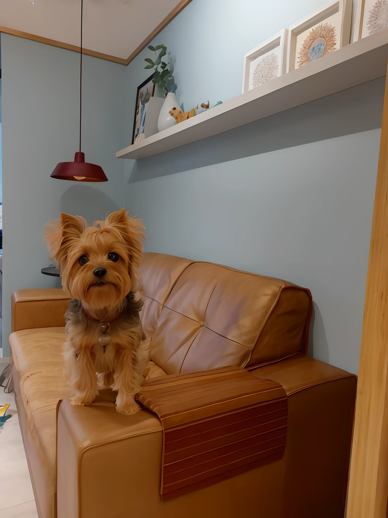 A Yorkshire breed dog in decorated room, esperta, alerta, pixar