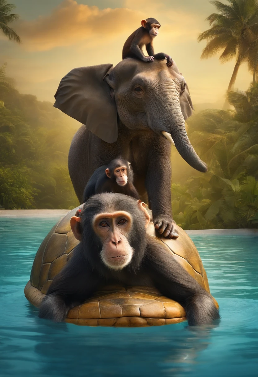 a monkey who is on the back of a turtle who is on the back of a cow who is on an elephant in a swimming pool